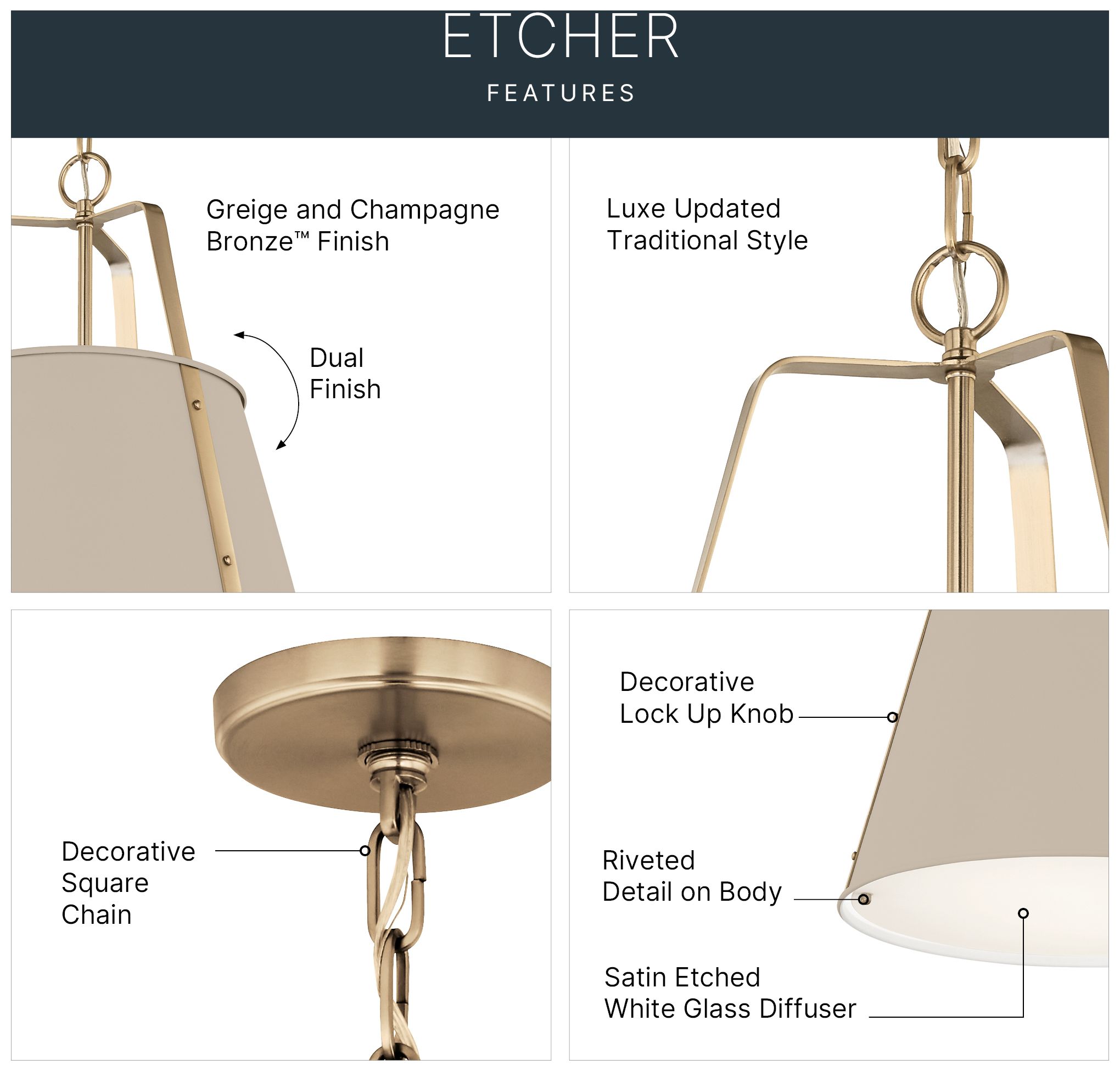 Image 3 Kichler Etcher 13" 1-Light Greige and Champagne Bronze Pendant  w/Diffuser more views