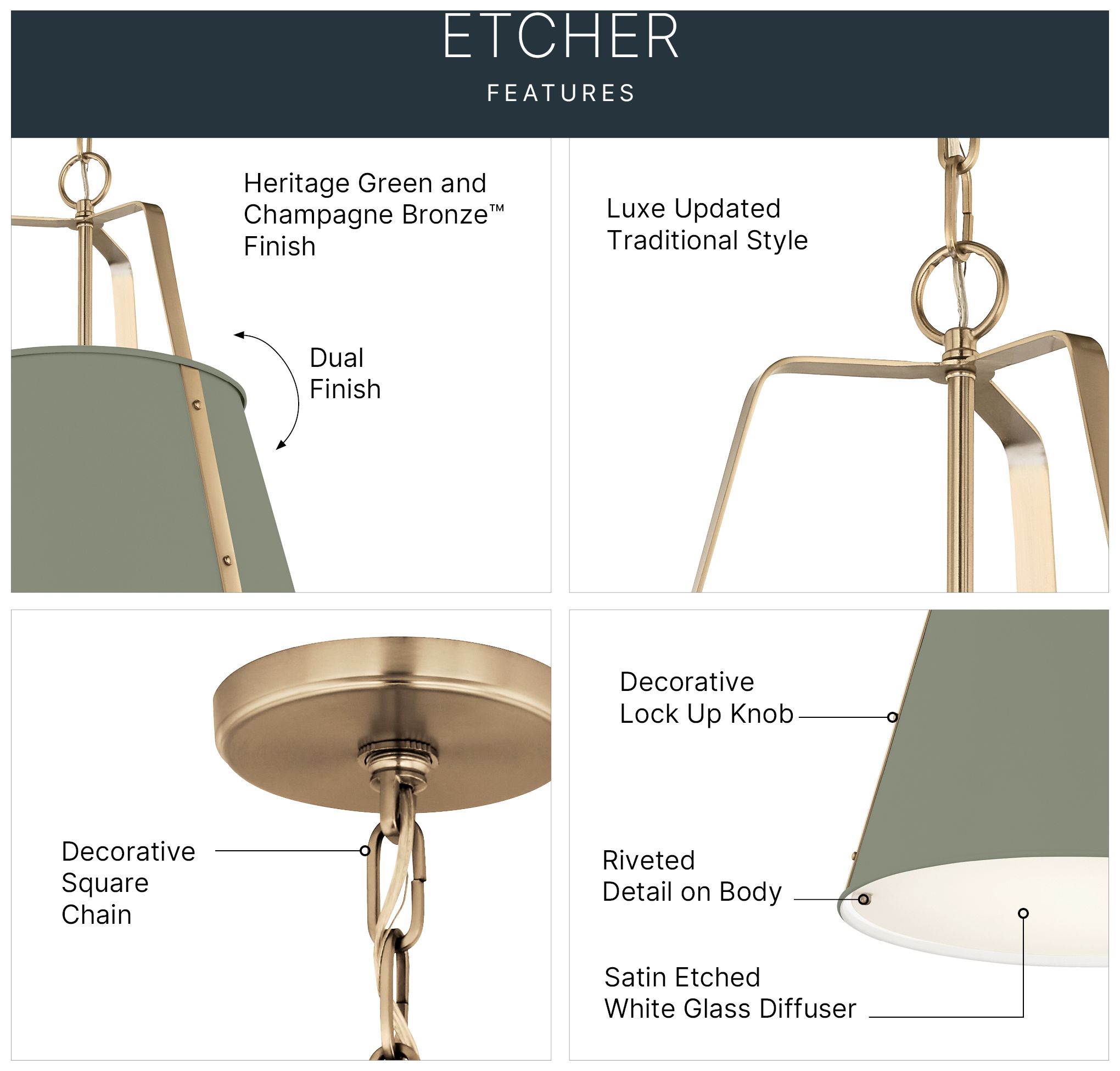 Image 3 Kichler Etcher 18" 2-Light Pendant in Heritage Green and Champagne Bronze more views