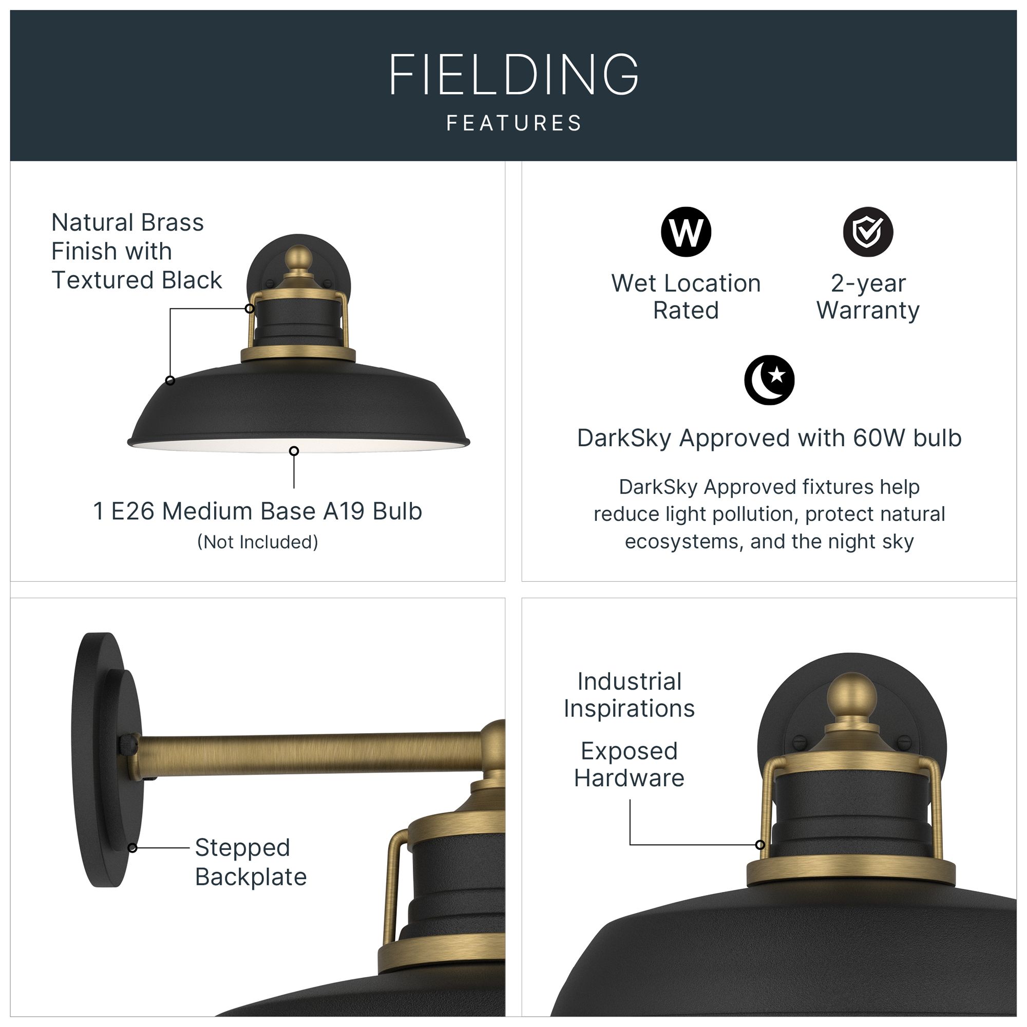 Image 3 Kichler Fielding 12" 1-Lt Outdoor Wall Light Textured Black w/Natural Brass more views