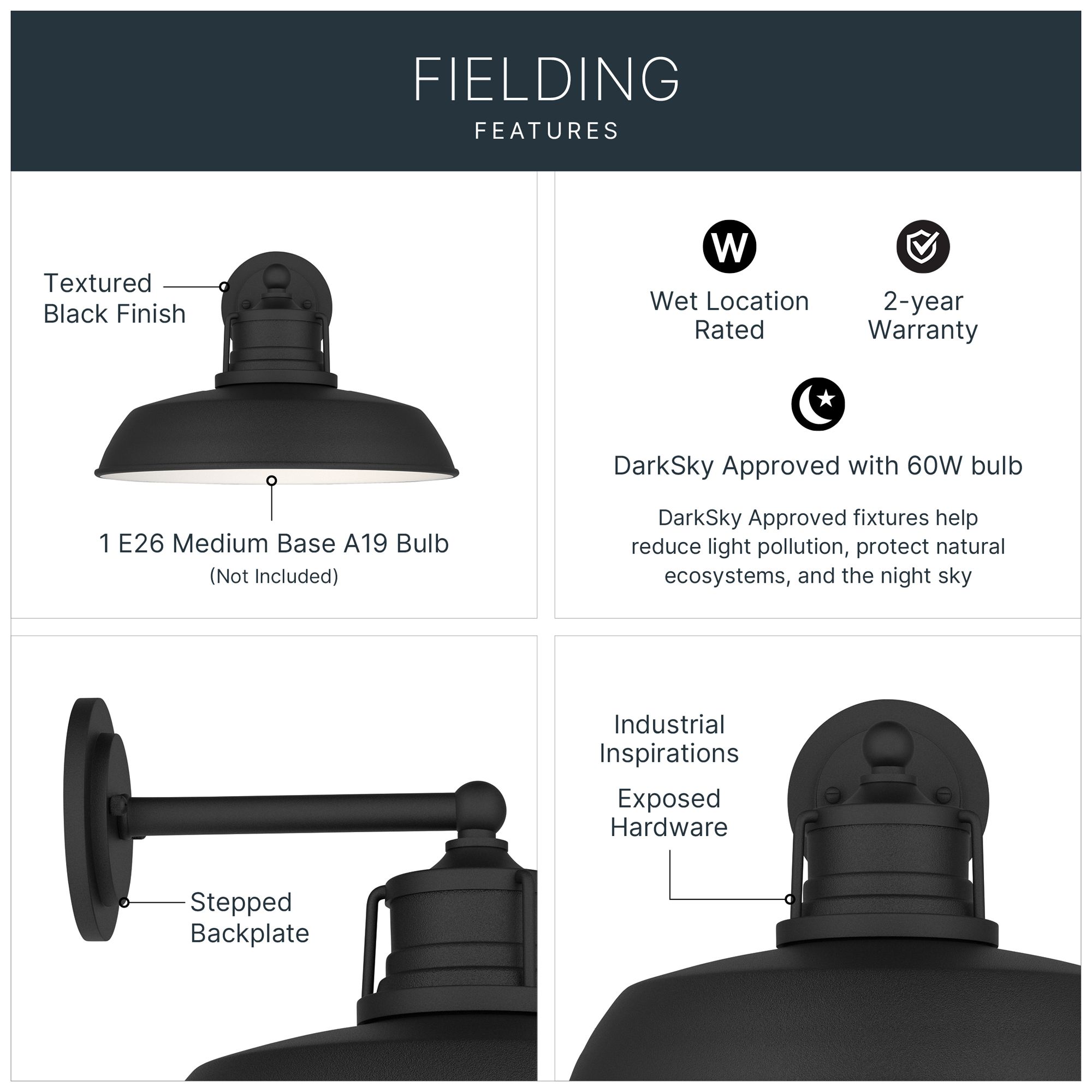 Image 3 Kichler Fielding 15" 1-Light Outdoor Wall Light Textured Black more views