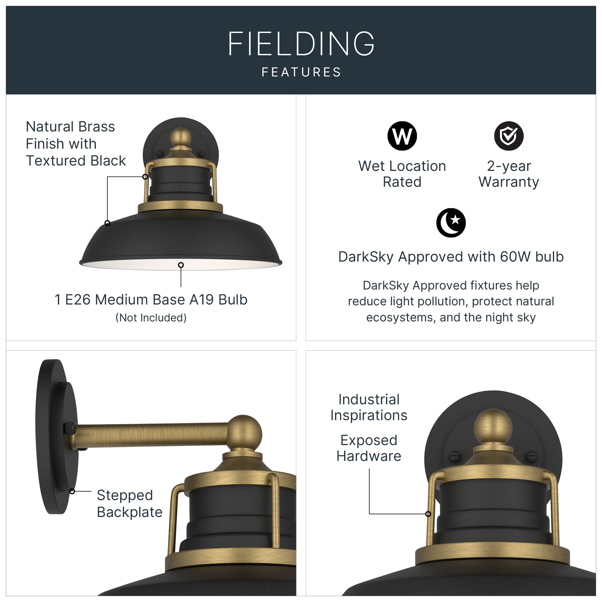 Image 3 Kichler Fielding 15" 1Lt Outdoor Wall Light Textured Black w/Natural Brass more views