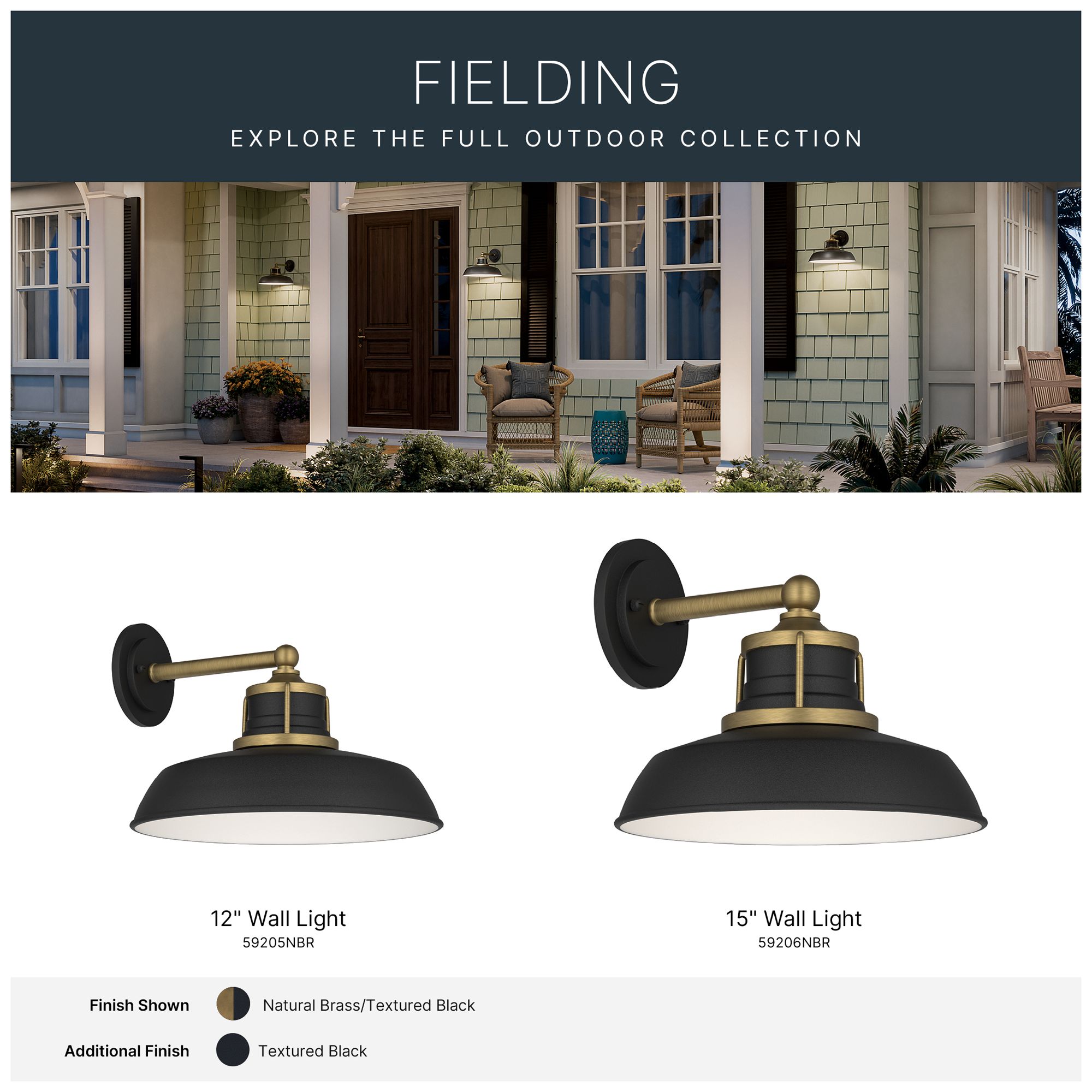 Kichler Fielding 15" 1Lt Outdoor Wall Light Textured Black w/Natural Brass