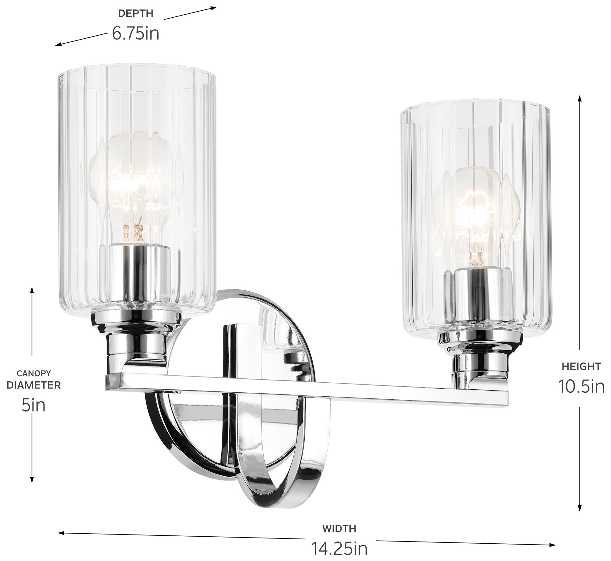 Image 7 Kichler Gioe 2-Light Chrome Vanity Light with Clear Fluted Glass Shades more views