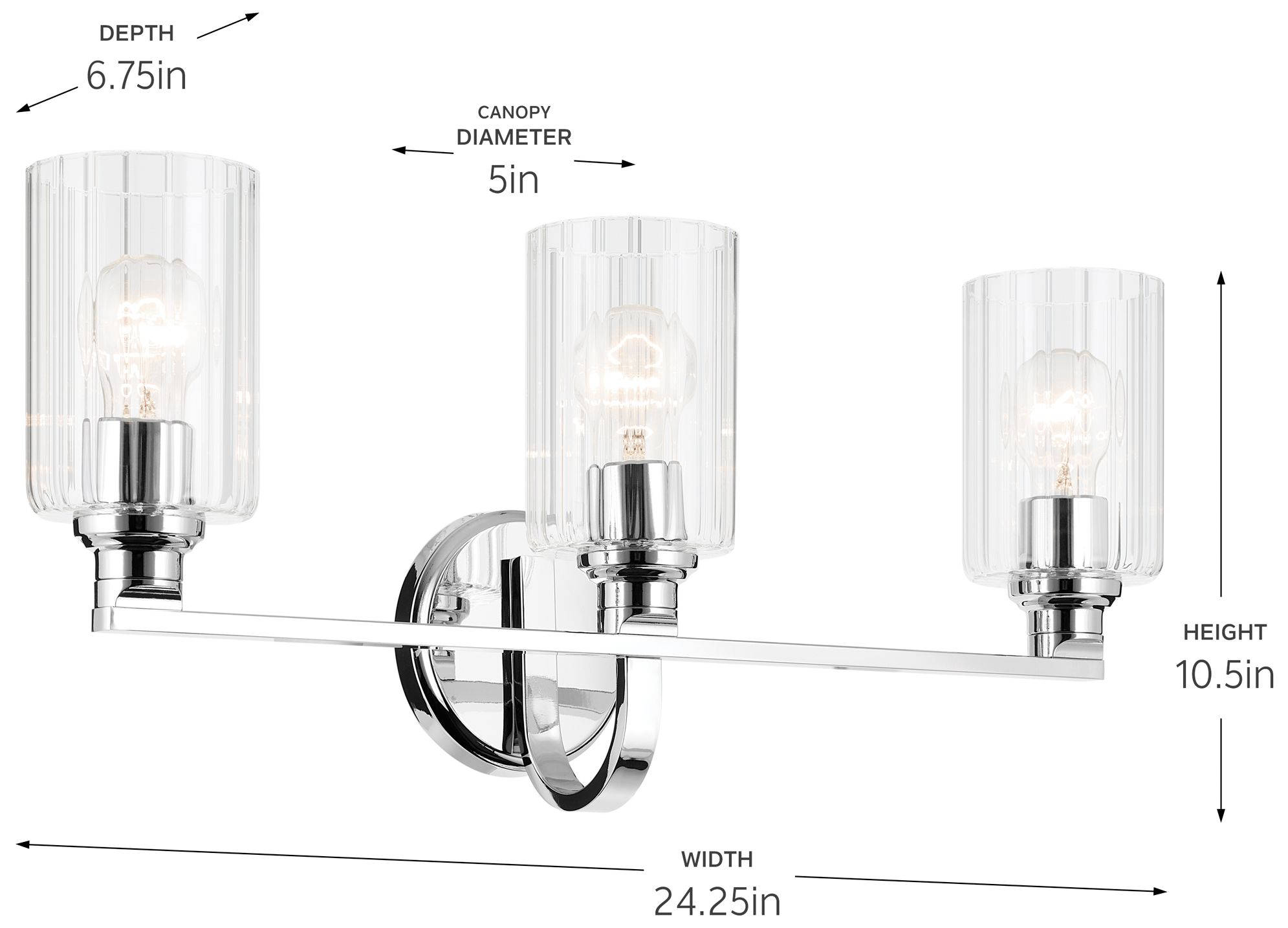 Kichler Gioe 3-Light Chrome Vanity Light with Clear Fluted Glass Shades