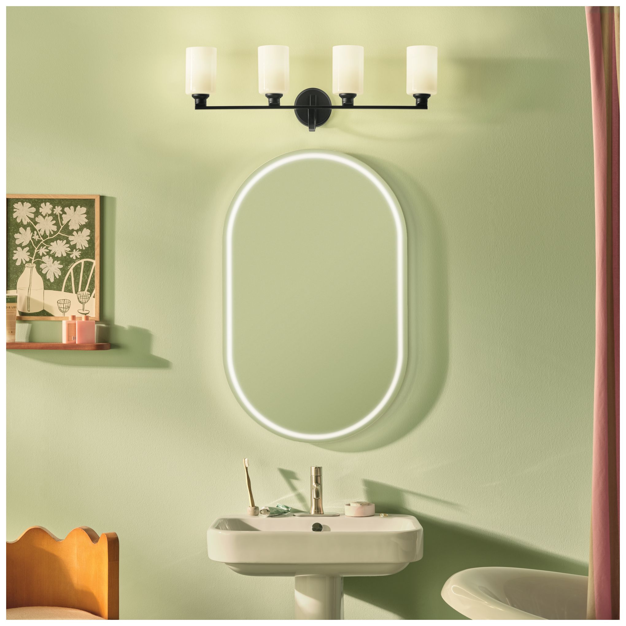 Image 3 Kichler Gioe 4-Light Black Vanity Light with Opal Fluted Glass Shades more views