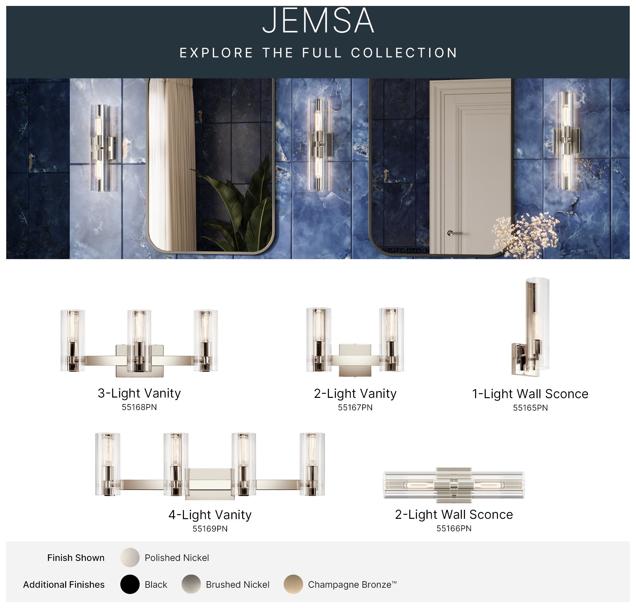 Kichler Jemsa 18" 2-Light Polished Nickel Wall Sconce w/ Clear Fluted Glass