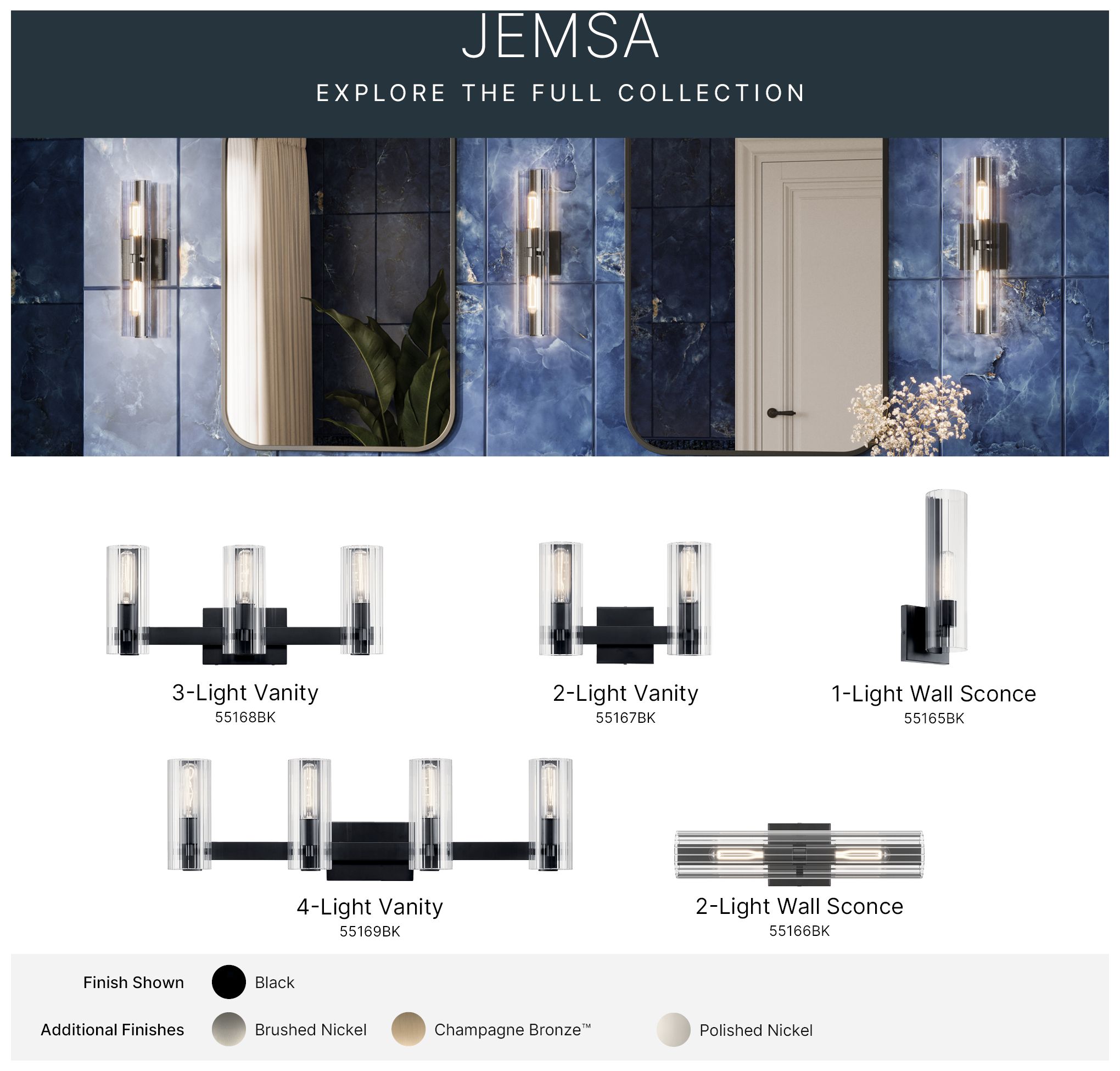 Kichler Jemsa 18" 2-Light Wall Sconce with Clear Fluted Glass in Black