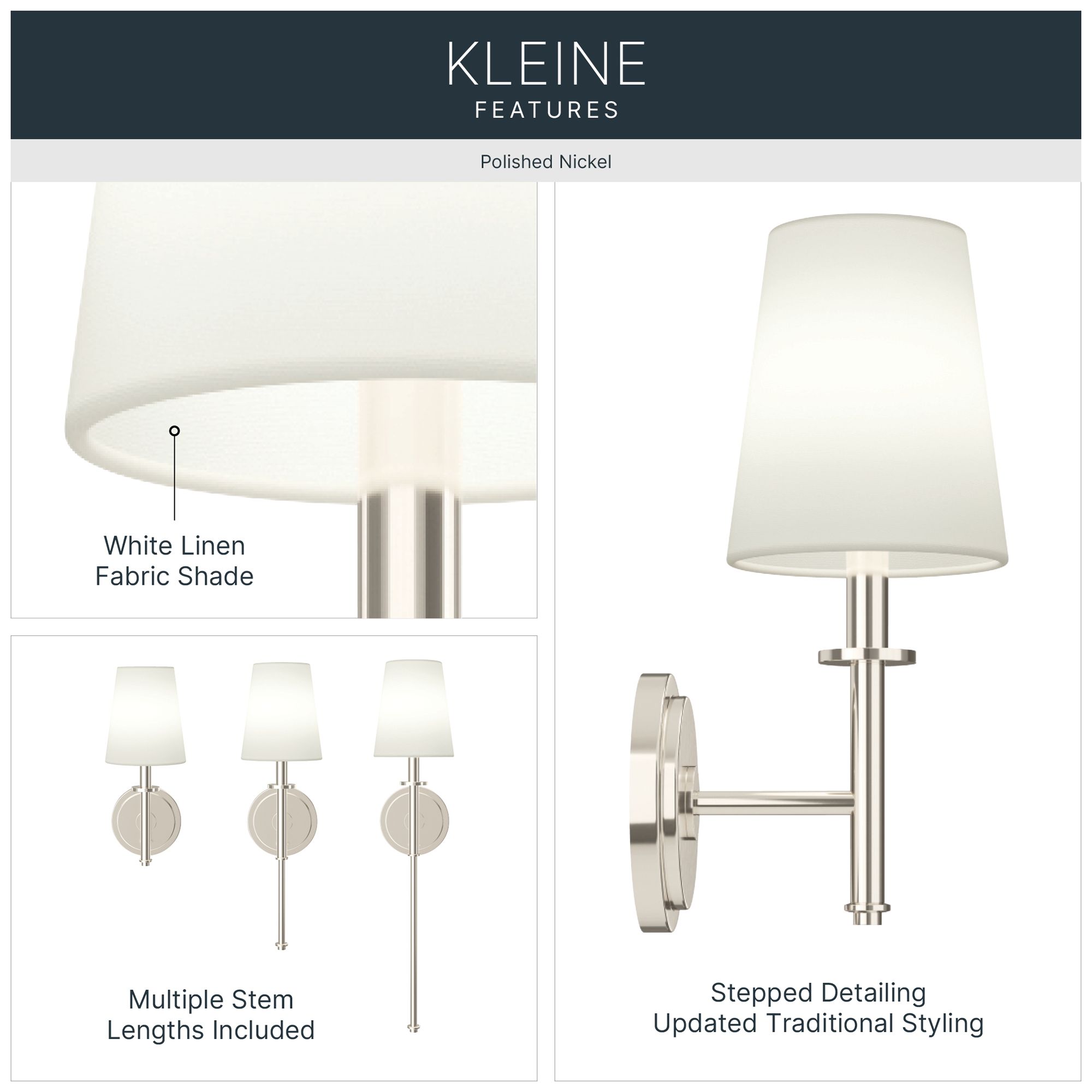 Image 3 Kichler Kleine 5.75" 1-Light Wall Sconce White Linen Shade Polished Nickel more views