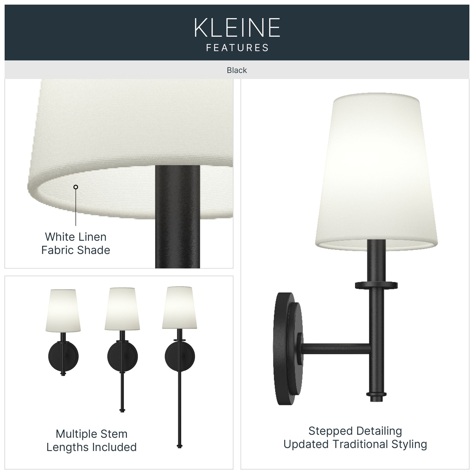 Image 3 Kichler Kleine 5.75" 1-Light Wall Sconce With White Linen Shade in Black more views