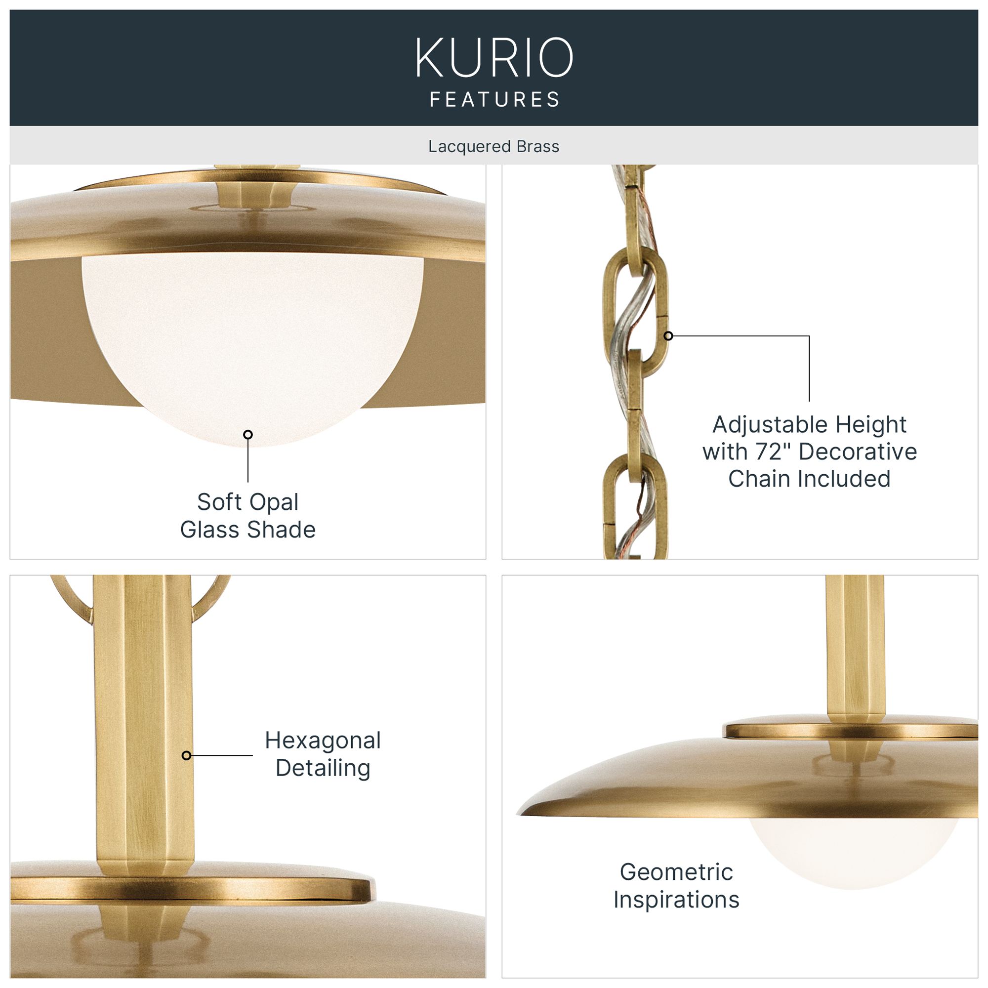 Image 3 Kichler Kurio 22" 1-Light Pendant With Etched Opal Glass in Lacquered Brass more views