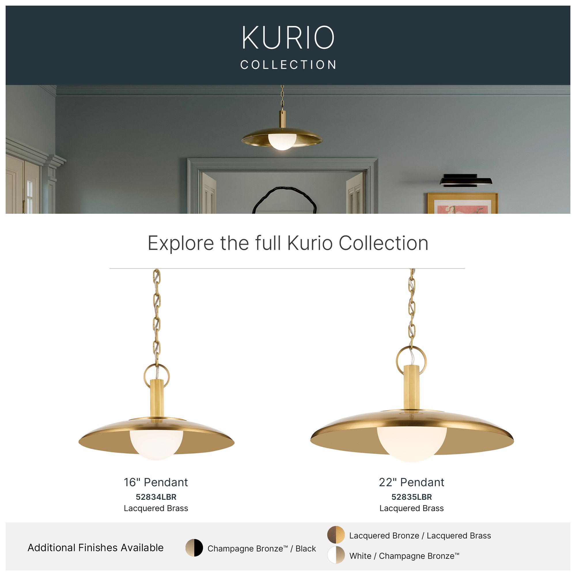 Kichler Kurio 22" 1-Light Pendant With Etched Opal Glass in Lacquered Brass
