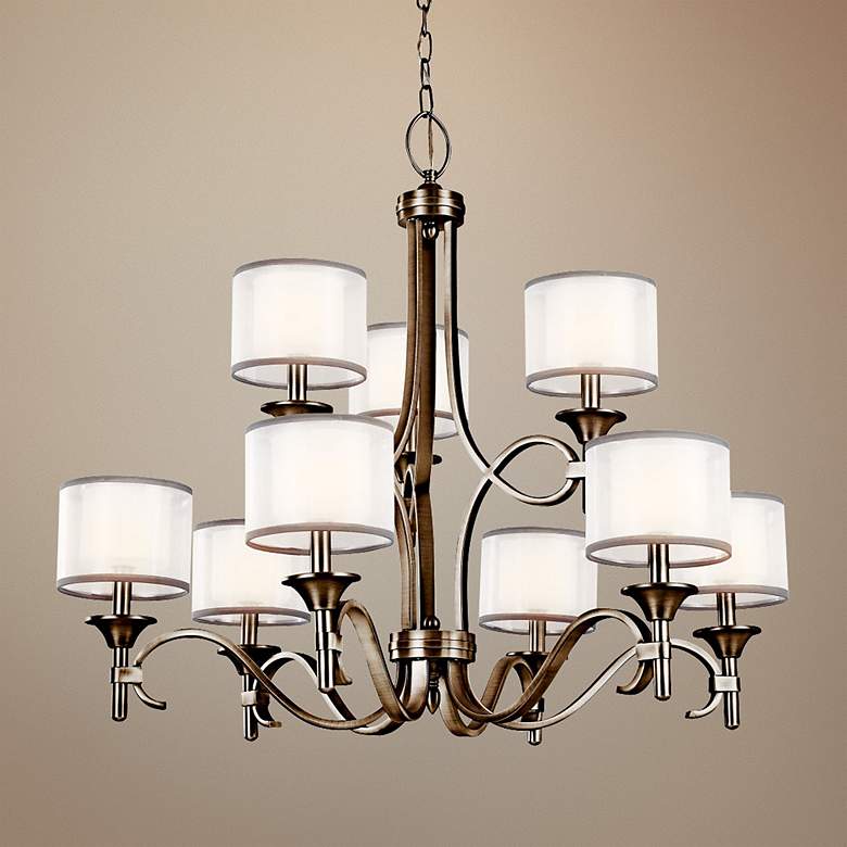Image 1 Kichler Lacey 34 1/2" 9-Light 2-Tier Pewter and White Shade Chandelier
