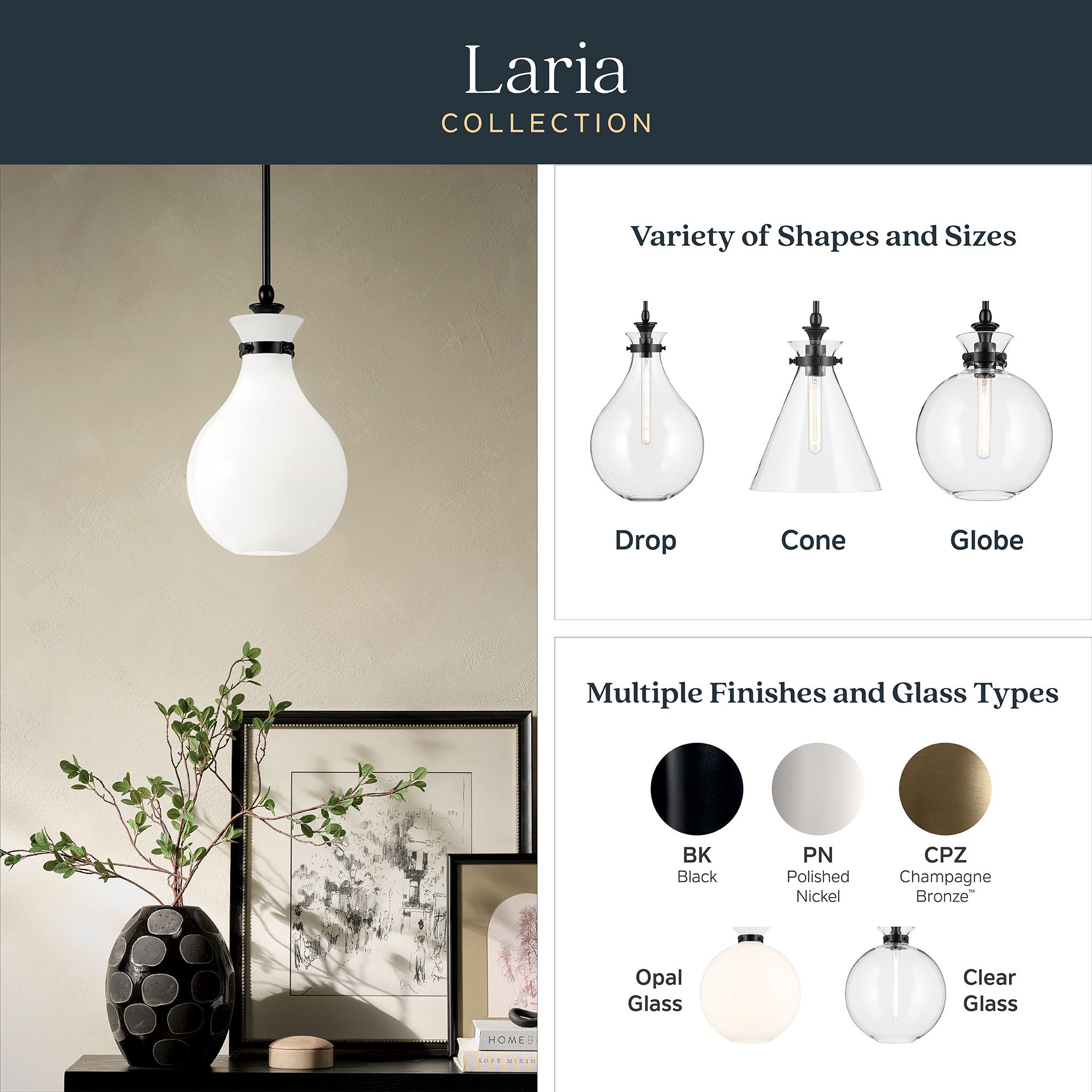 Kichler Laria 10 1/2" Black Finish with Opal Glass Pendant Light