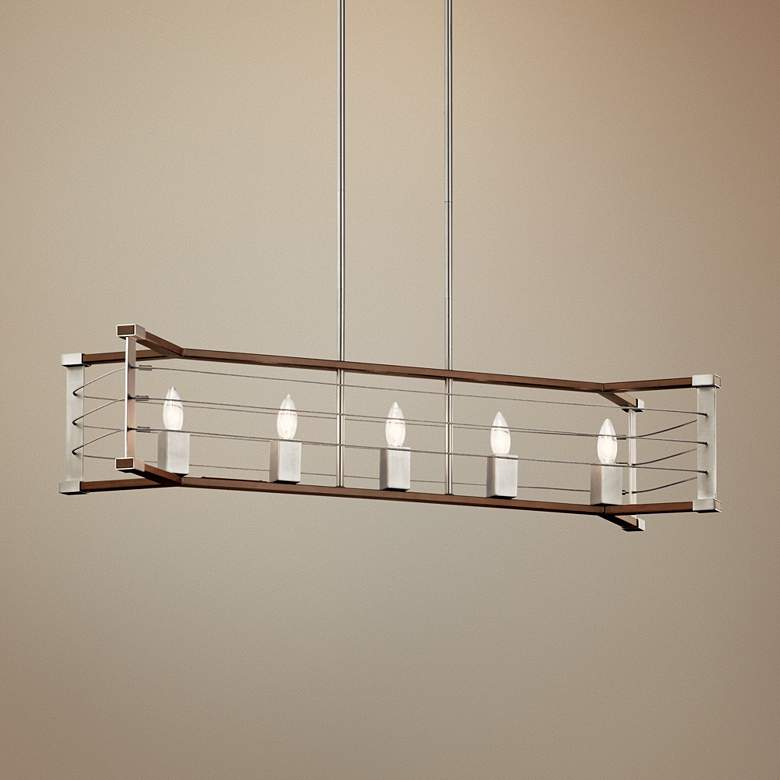 Image 1 Kichler Lente 39 inch Wide Nickel and Wood Kitchen Island Light Pendant