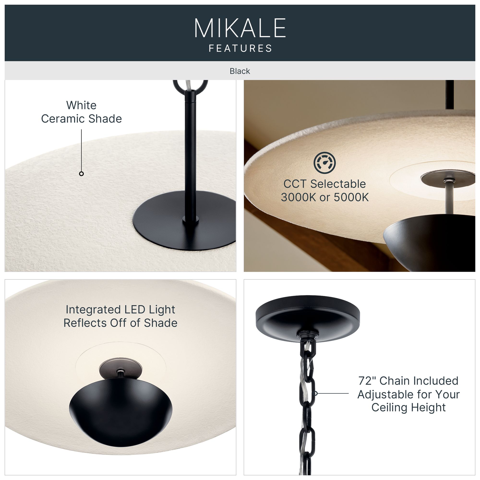 Image 4 Kichler Mikale 24" 1-Light Pendant With White Ceramic Shade in Black more views