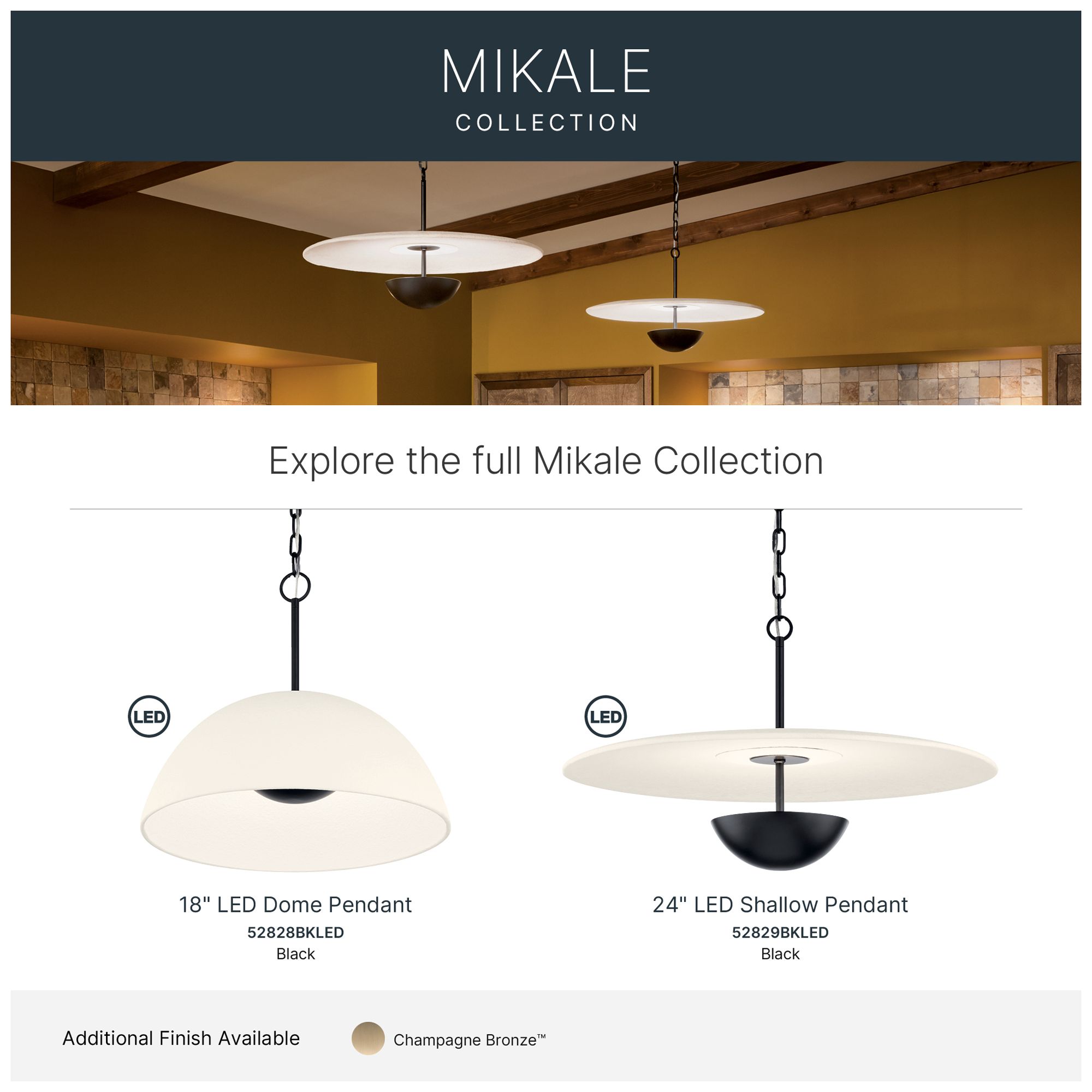 Kichler Mikale 24" 1-Light Pendant With White Ceramic Shade in Black