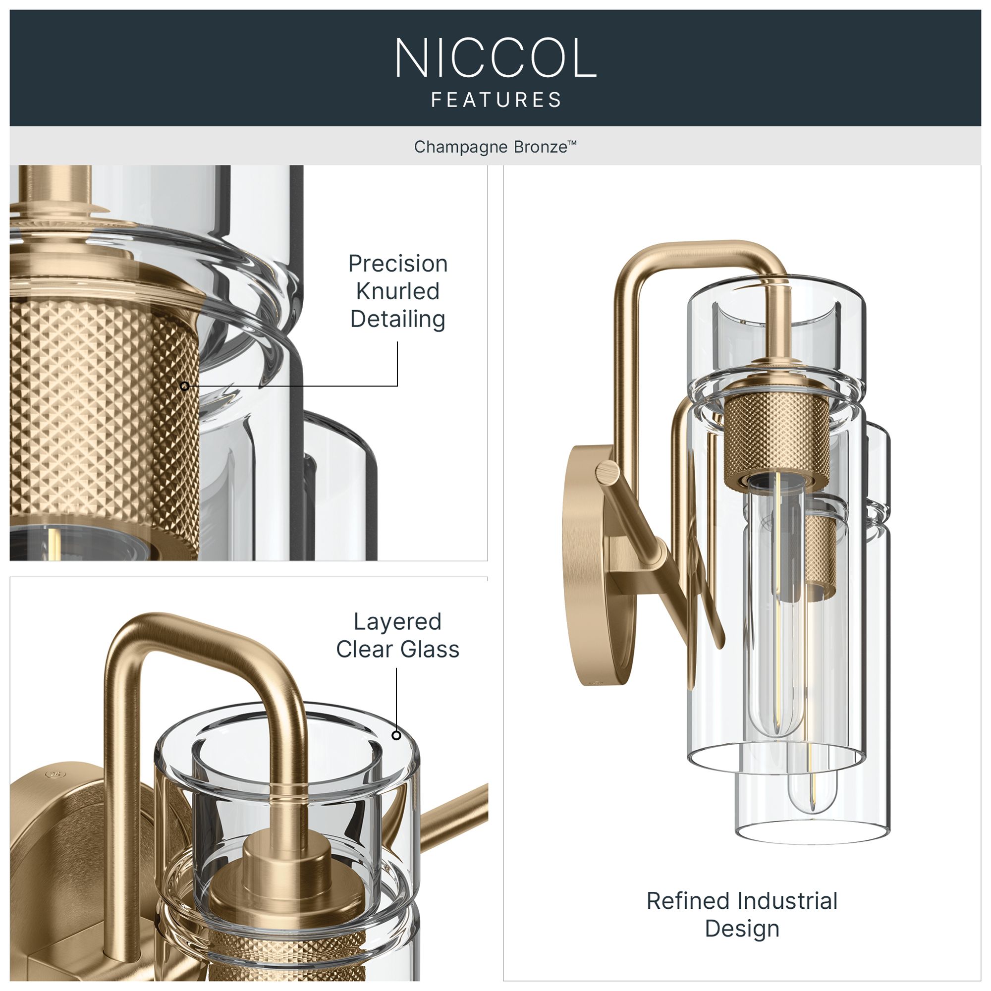Image 3 Kichler Niccol 14" 2-Light Vanity Light Clear Glass in Champagne Bronze more views