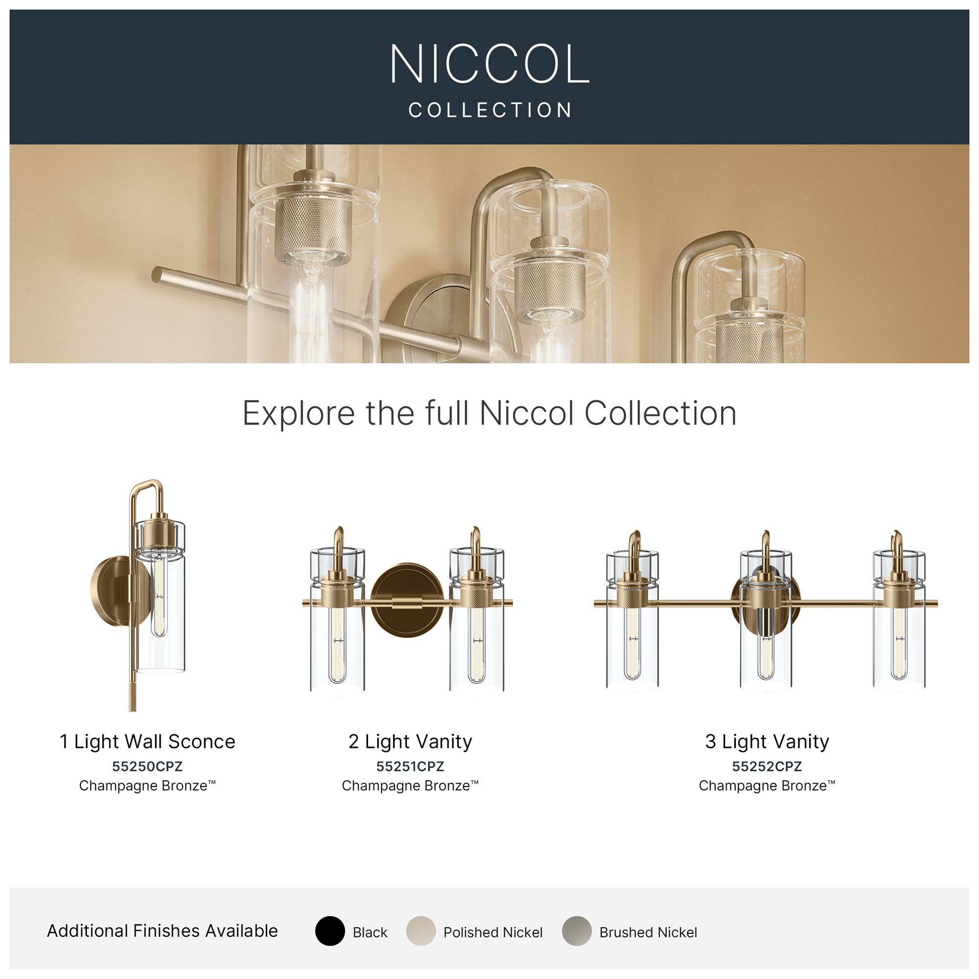 Kichler Niccol 14" 2-Light Vanity Light Clear Glass in Champagne Bronze