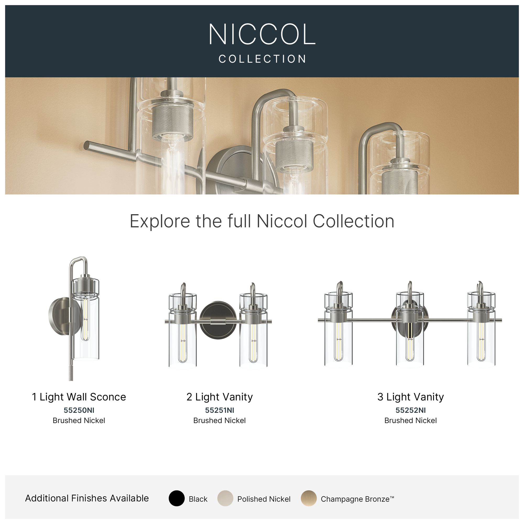 Kichler Niccol 14" 2-Light Vanity Light With Clear Glass in Brushed Nickel
