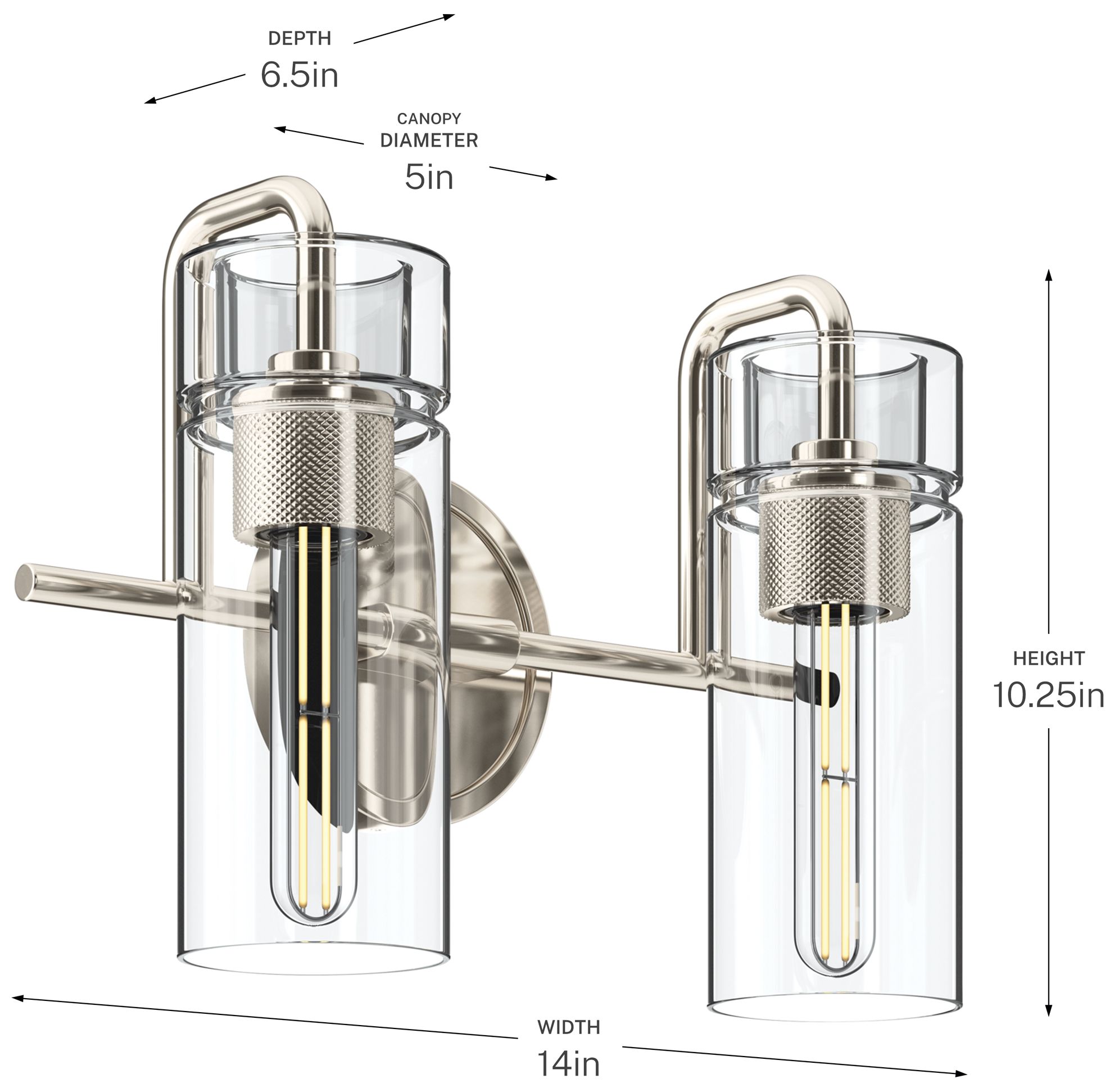 Kichler Niccol 14" 2-Light Vanity Light With Clear Glass in Polished Nickel