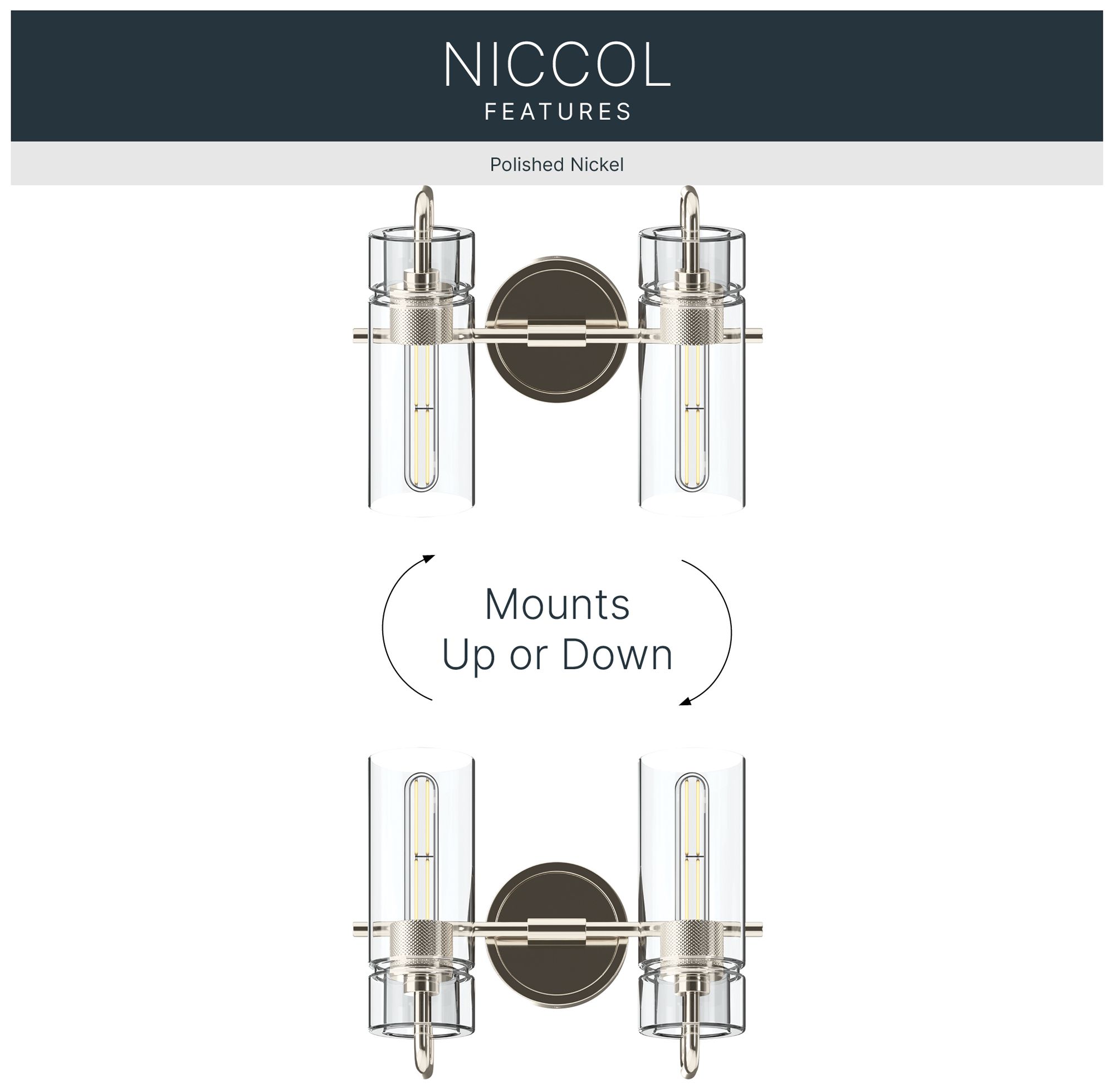 Kichler Niccol 14" 2-Light Vanity Light With Clear Glass in Polished Nickel