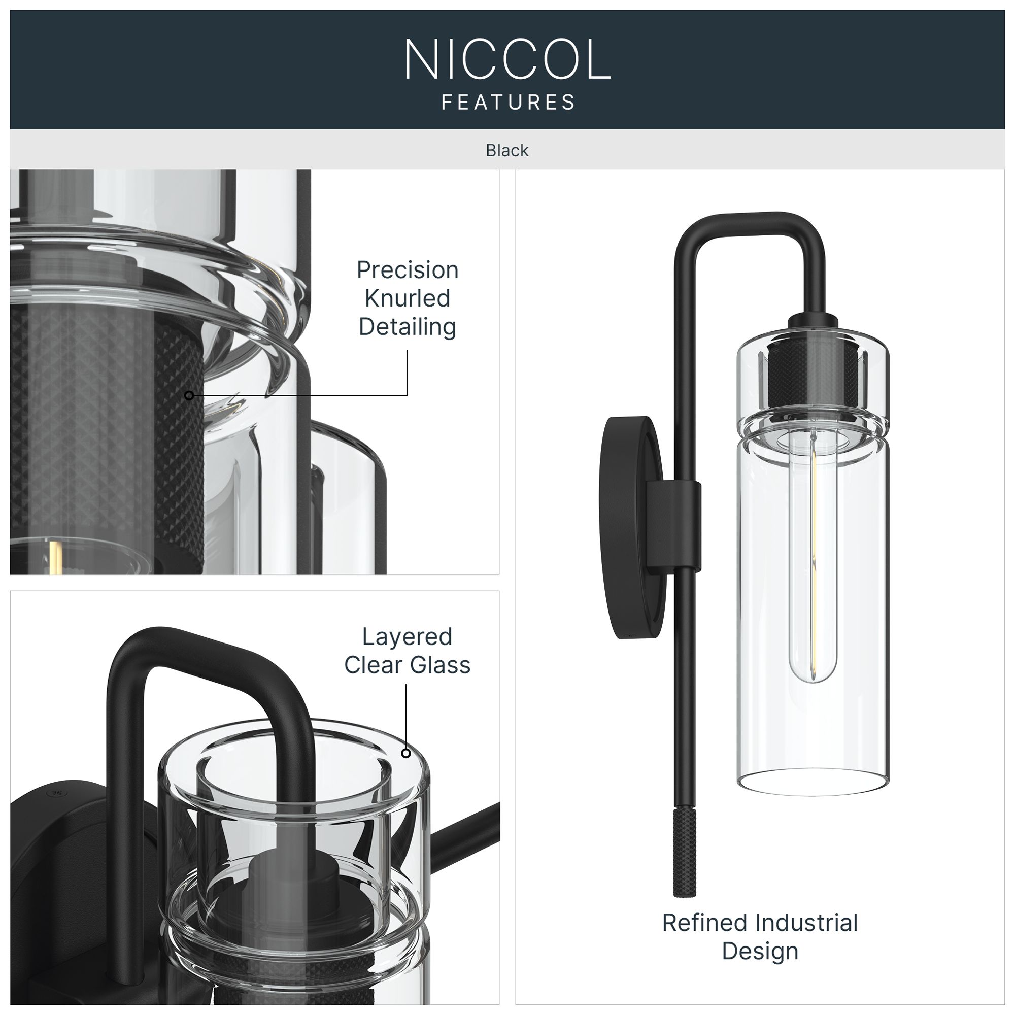 Image 3 Kichler Niccol 16" 1-Light Wall Sconce With Clear Glass in Black more views