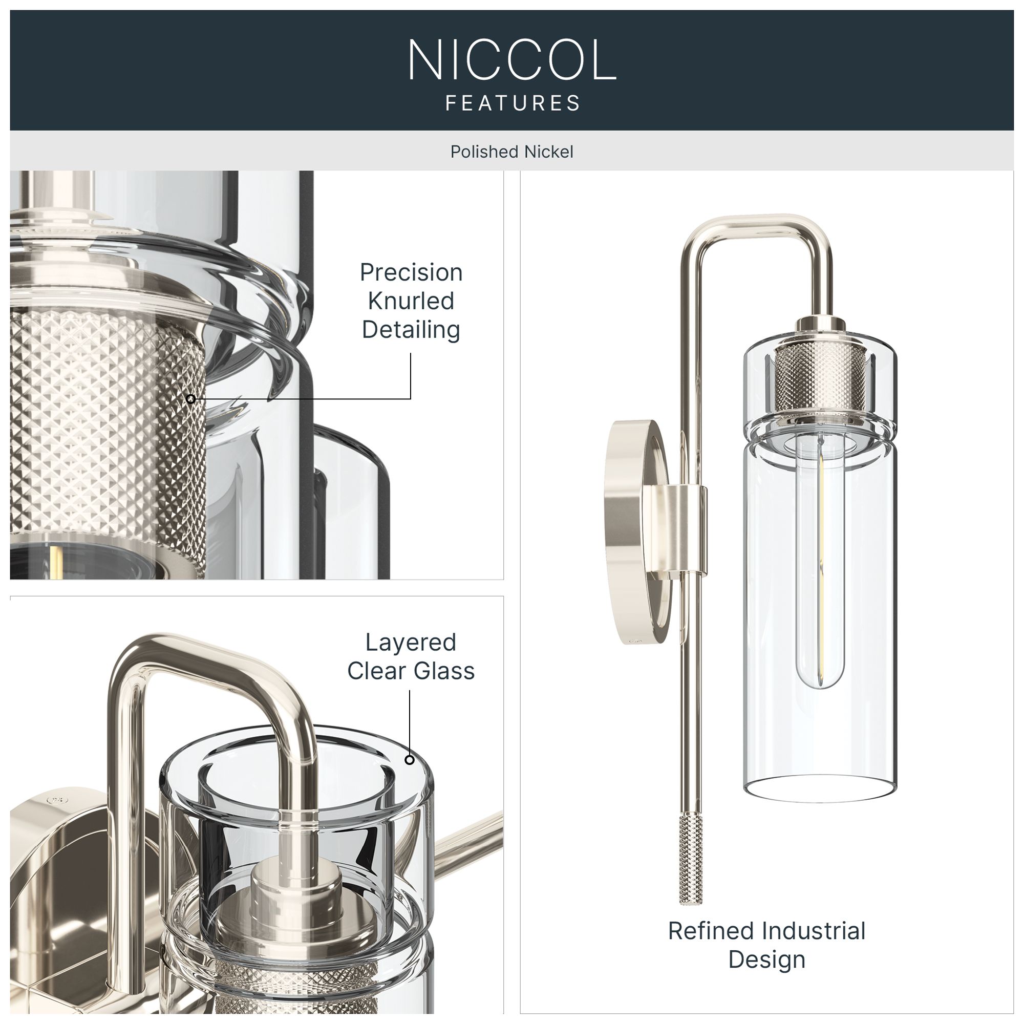 Image 3 Kichler Niccol 16" 1-Light Wall Sconce With Clear Glass in Polished Nickel more views