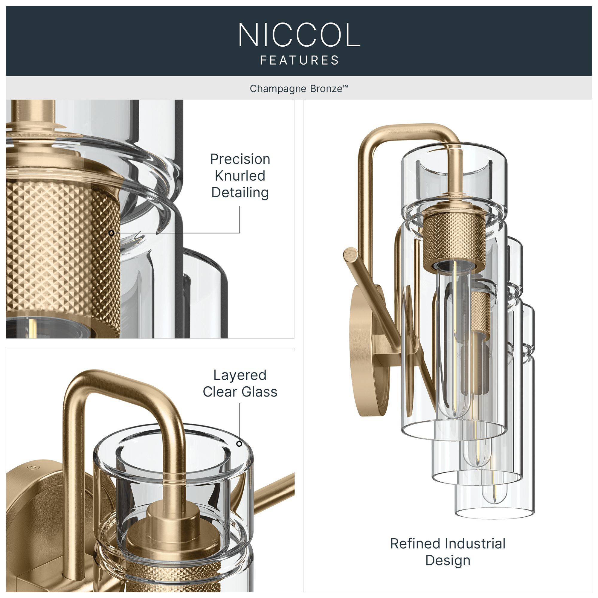 Image 3 Kichler Niccol 24" 3-Light Vanity Light Clear Glass in Champagne Bronze more views