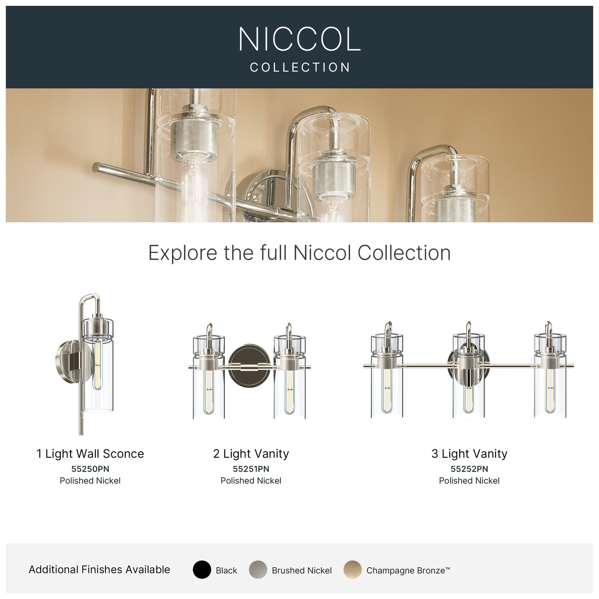 Kichler Niccol 24" 3-Light Vanity Light With Clear Glass in Polished Nickel