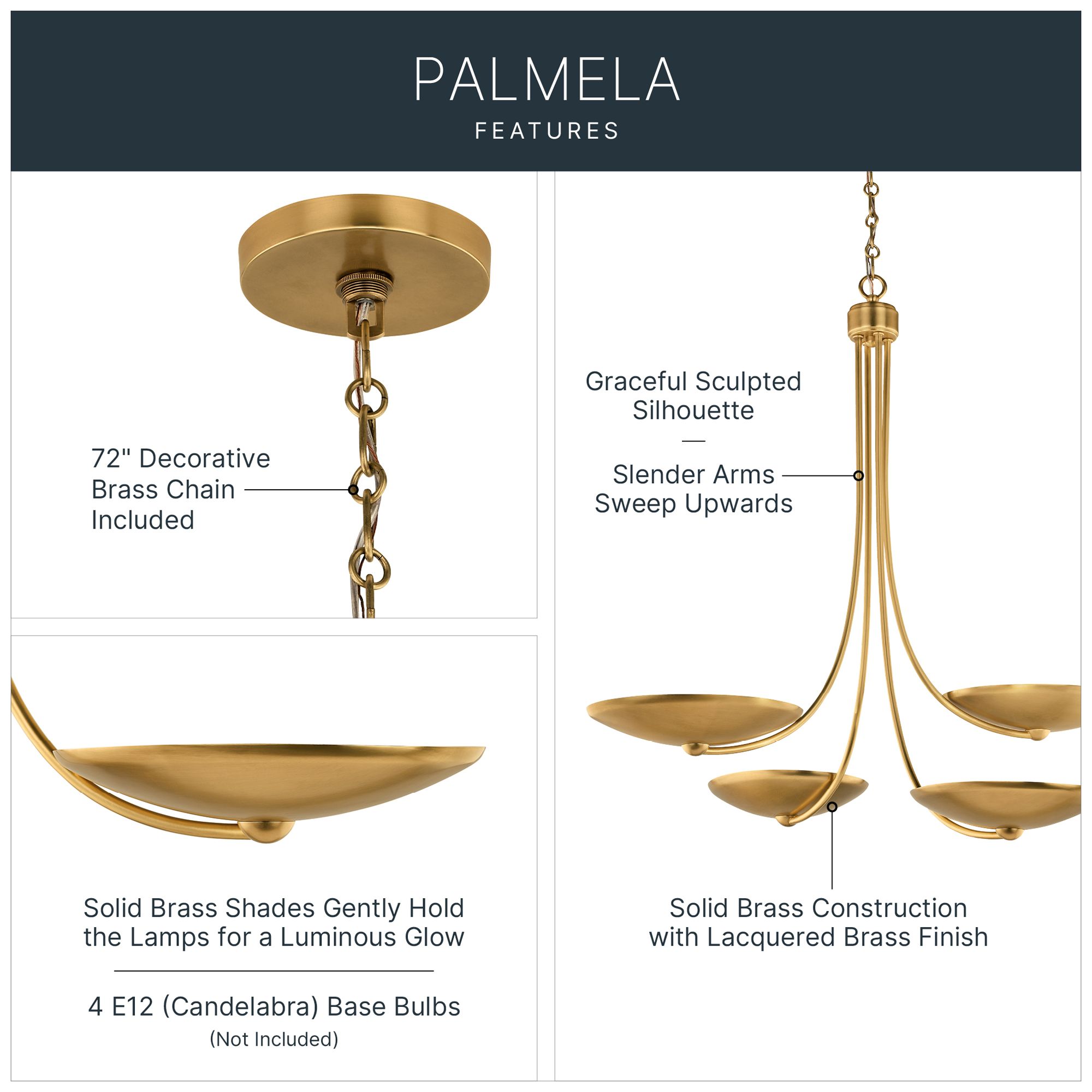 Image 3 Kichler Palmela 32" 4-Lt Chandelier in Lacquered Brass more views