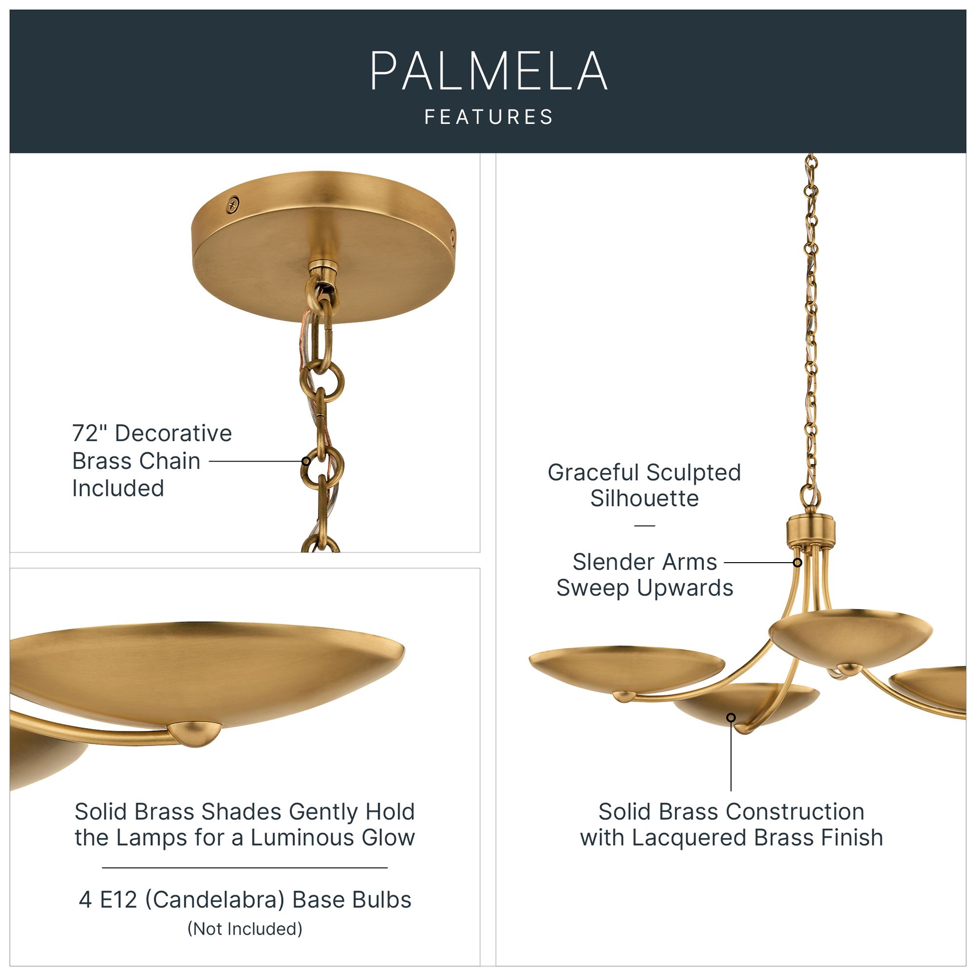Image 4 Kichler Palmela 32" 4-Lt XL Convertible Chandelier in Lacquered Brass more views