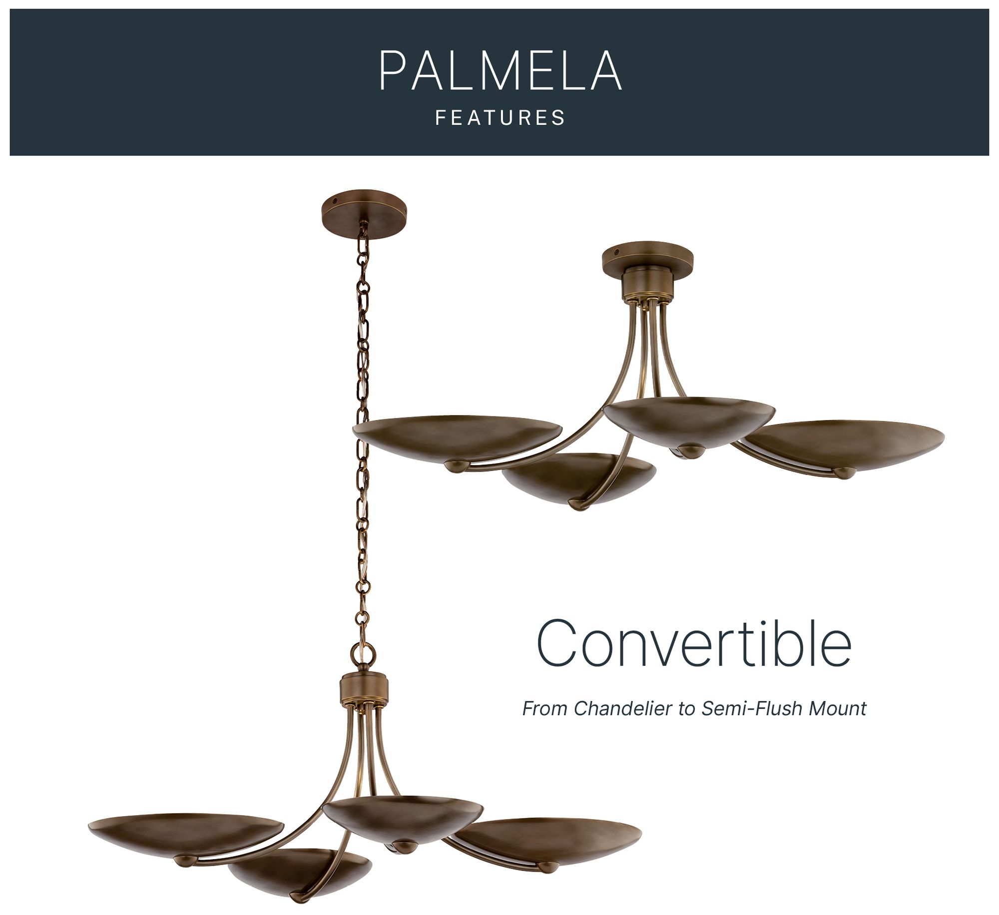 Kichler Palmela 32" 4L XL Convertible Chandelier Lacquered Bronze/Brass int