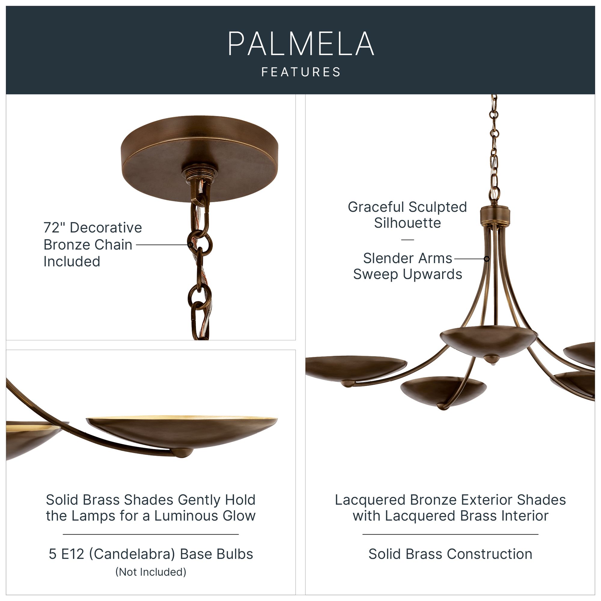 Image 3 Kichler Palmela 40" 5-Lt Chandelier Lacquered Bronze/Brass interior shade more views