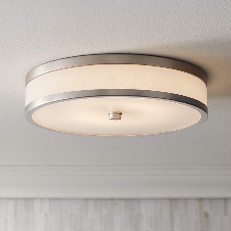Image 1 Kichler Pira 15" Modern Nickel and Linen Color Shade LED Ceiling Light