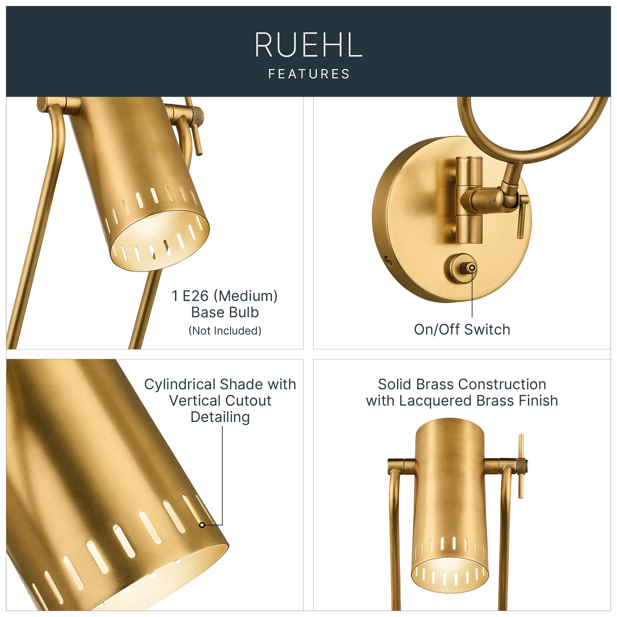 Image 3 Kichler Ruehl 15" 1Lt Swing Arm Wall Sconce in Lacquered Brass more views