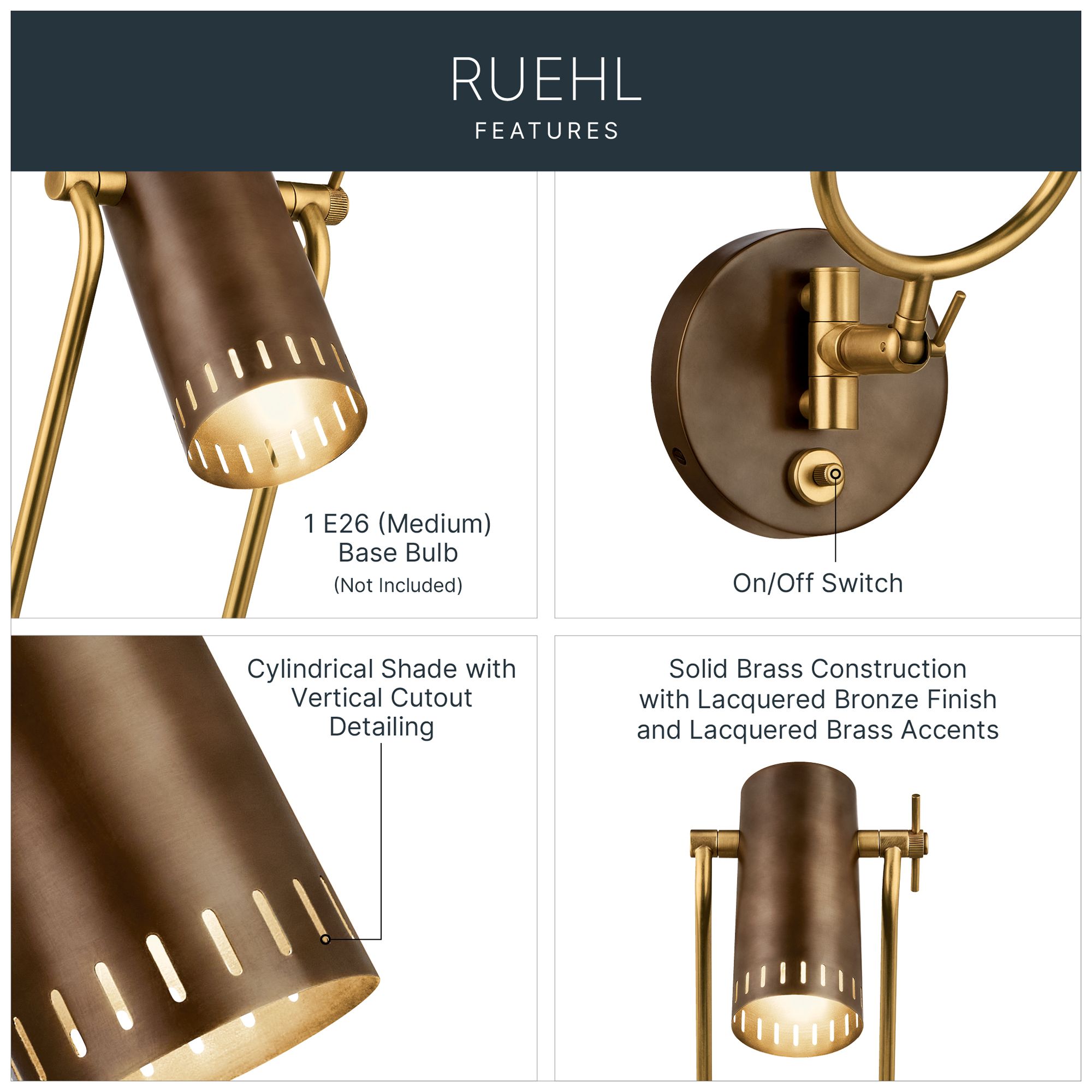 Image 3 Kichler Ruehl 15" 1Lt Swing Arm Wall Sconce in Lacquered Bronze more views