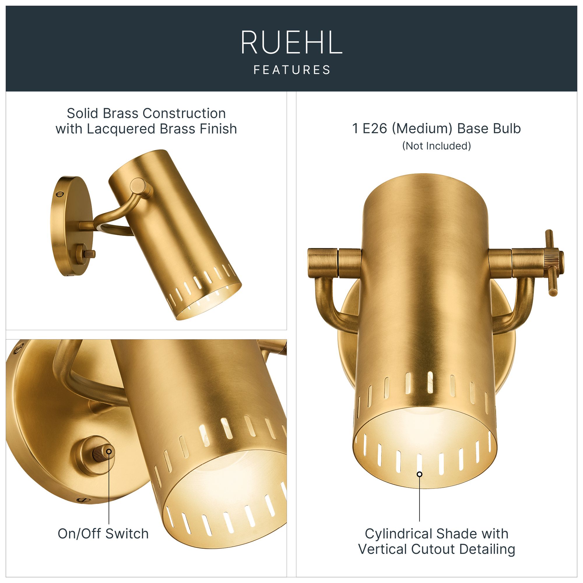 Image 3 Kichler Ruehl 7.25" 1Lt Wall Sconce in Lacquered Brass more views