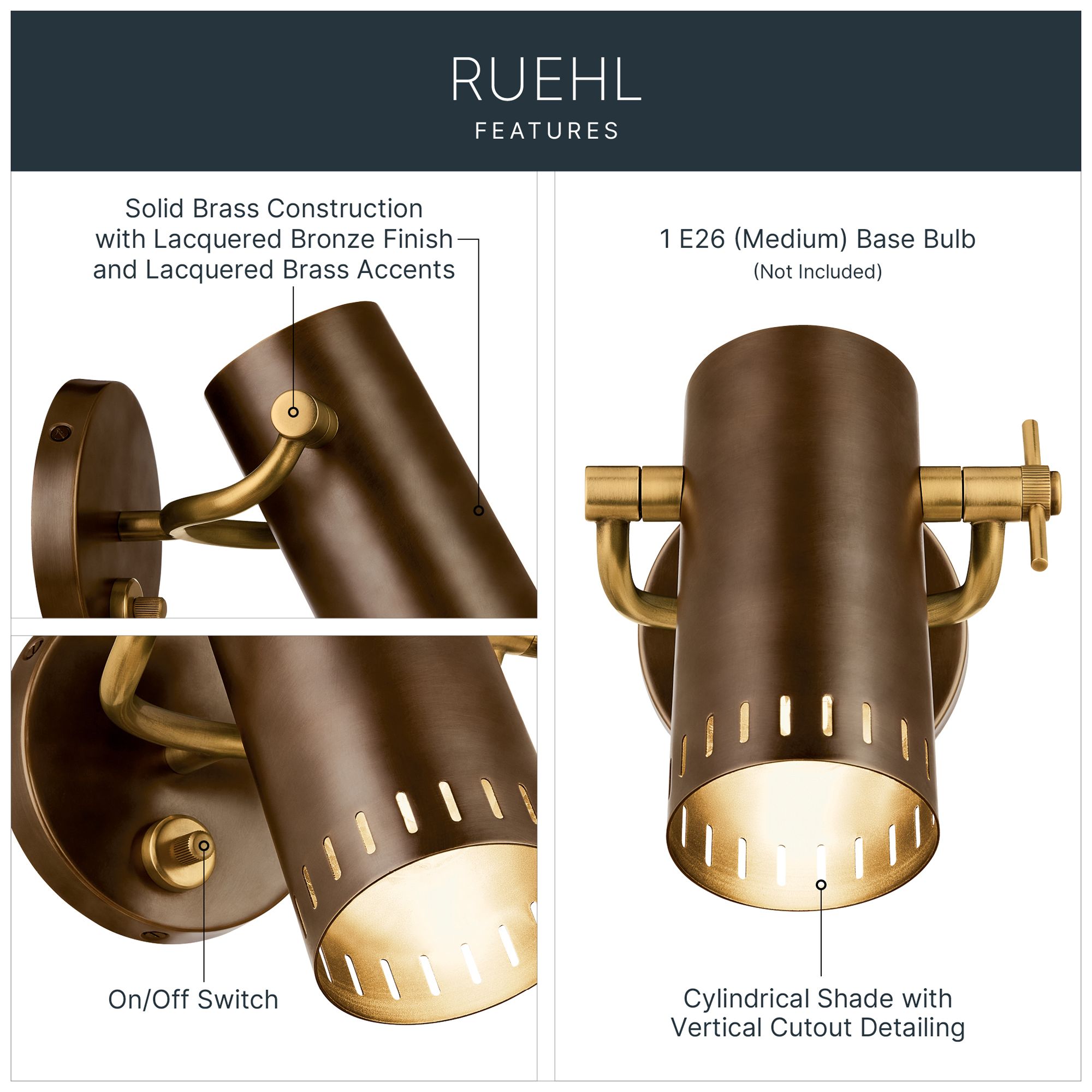 Image 3 Kichler Ruehl 7.25" 1Lt Wall Sconce in Lacquered Bronze more views