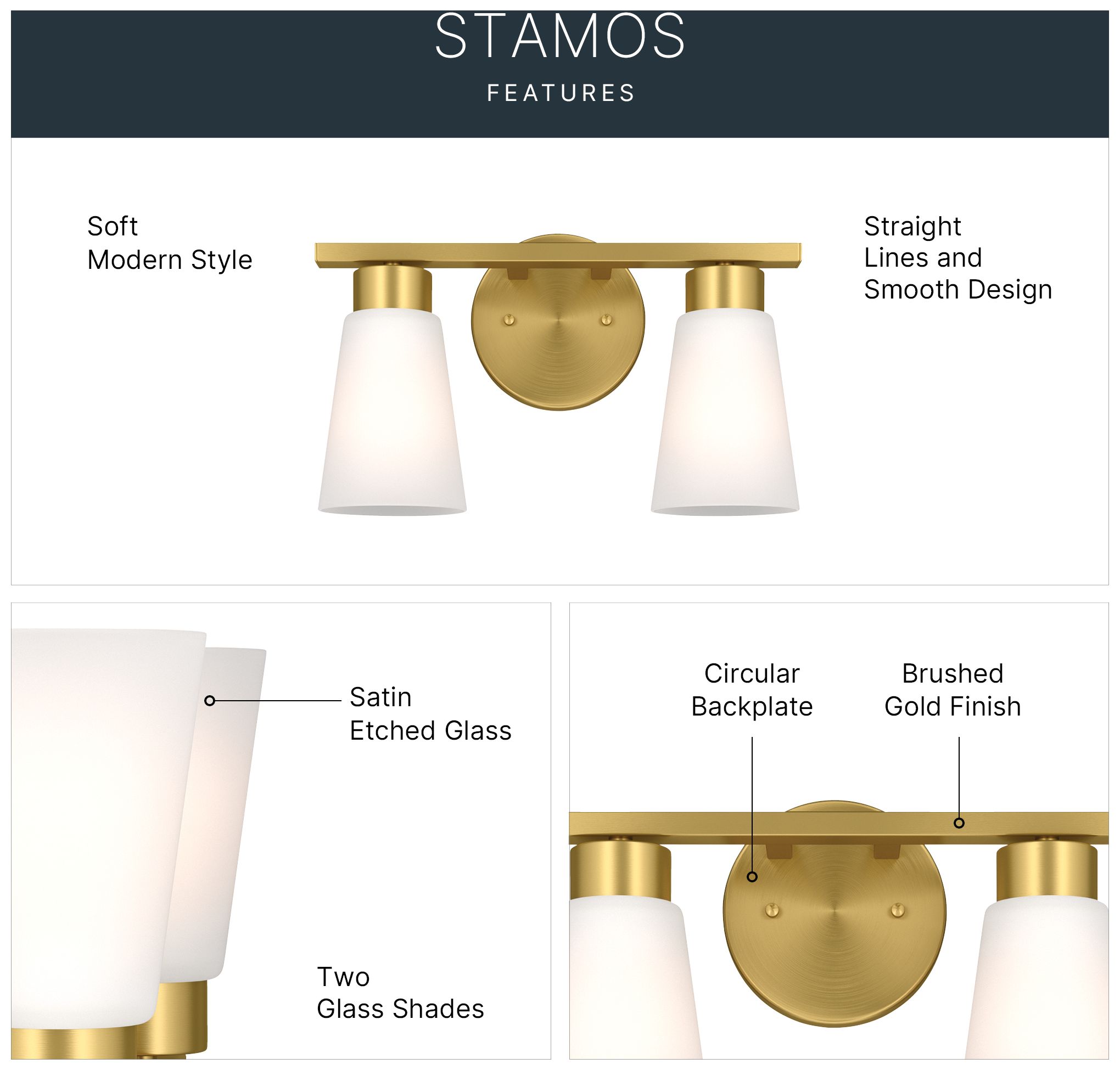 Image 4 Kichler Stamos 13.25" 2-Light Brushed Gold Vanity Light Satin Etched Glass more views
