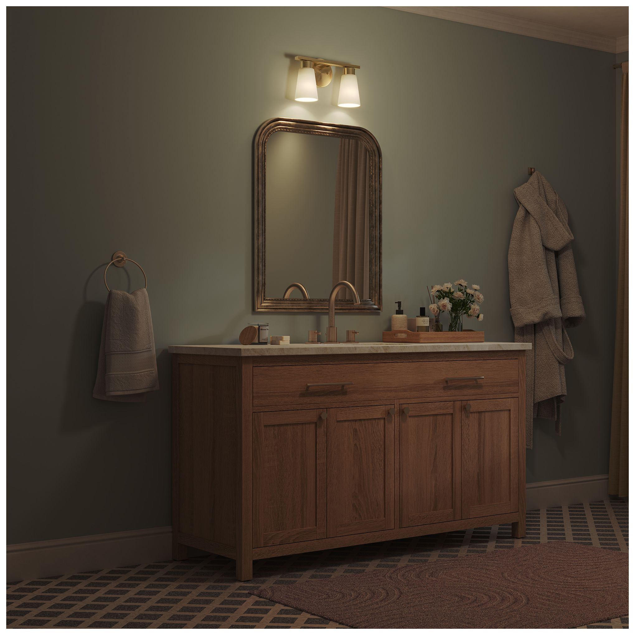 Kichler Stamos 13.25" 2-Light Brushed Gold Vanity Light Satin Etched Glass