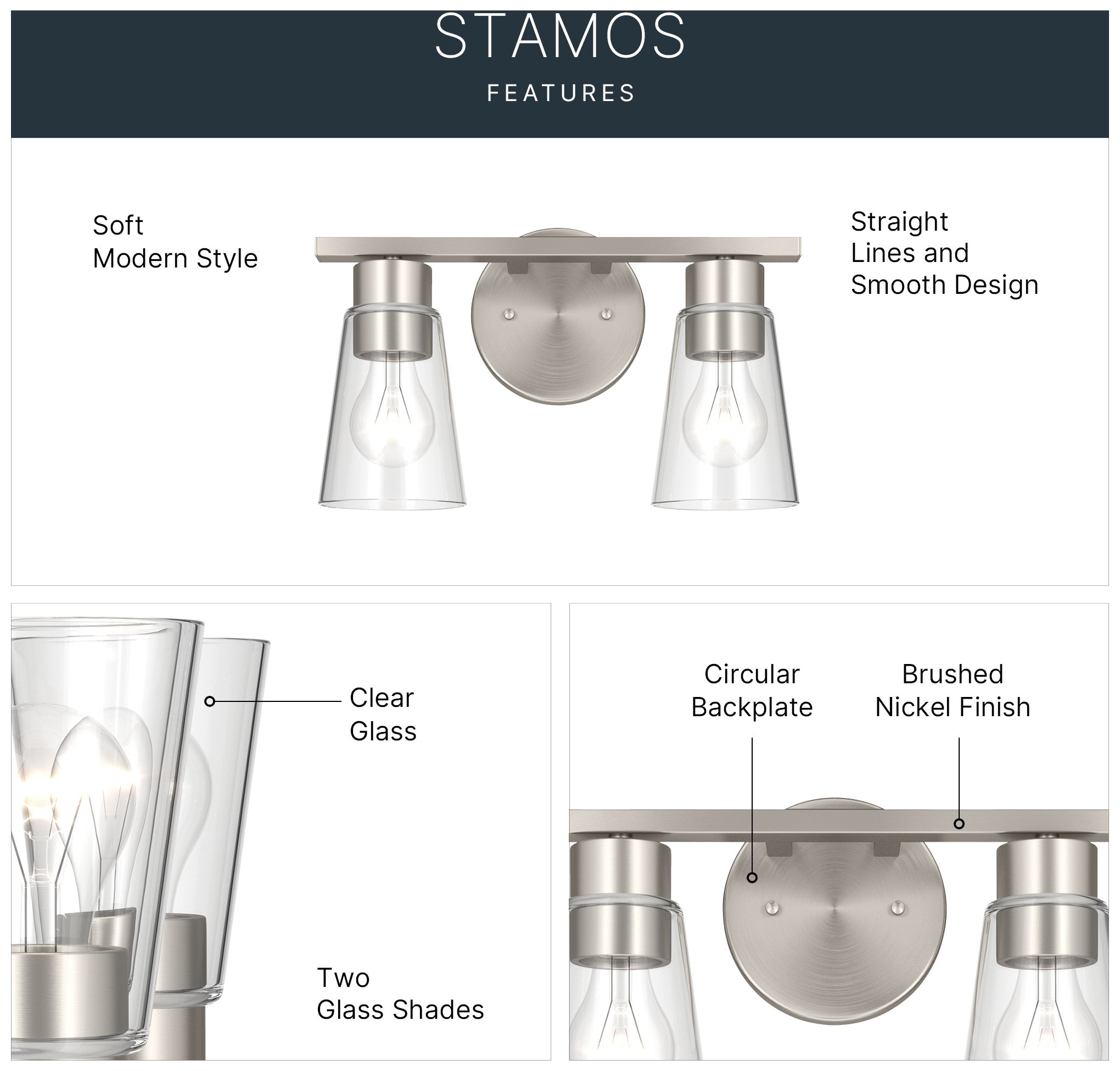 Image 4 Kichler Stamos 13.25" 2-Light Brushed Nickle Vanity Light with Clear Glass more views