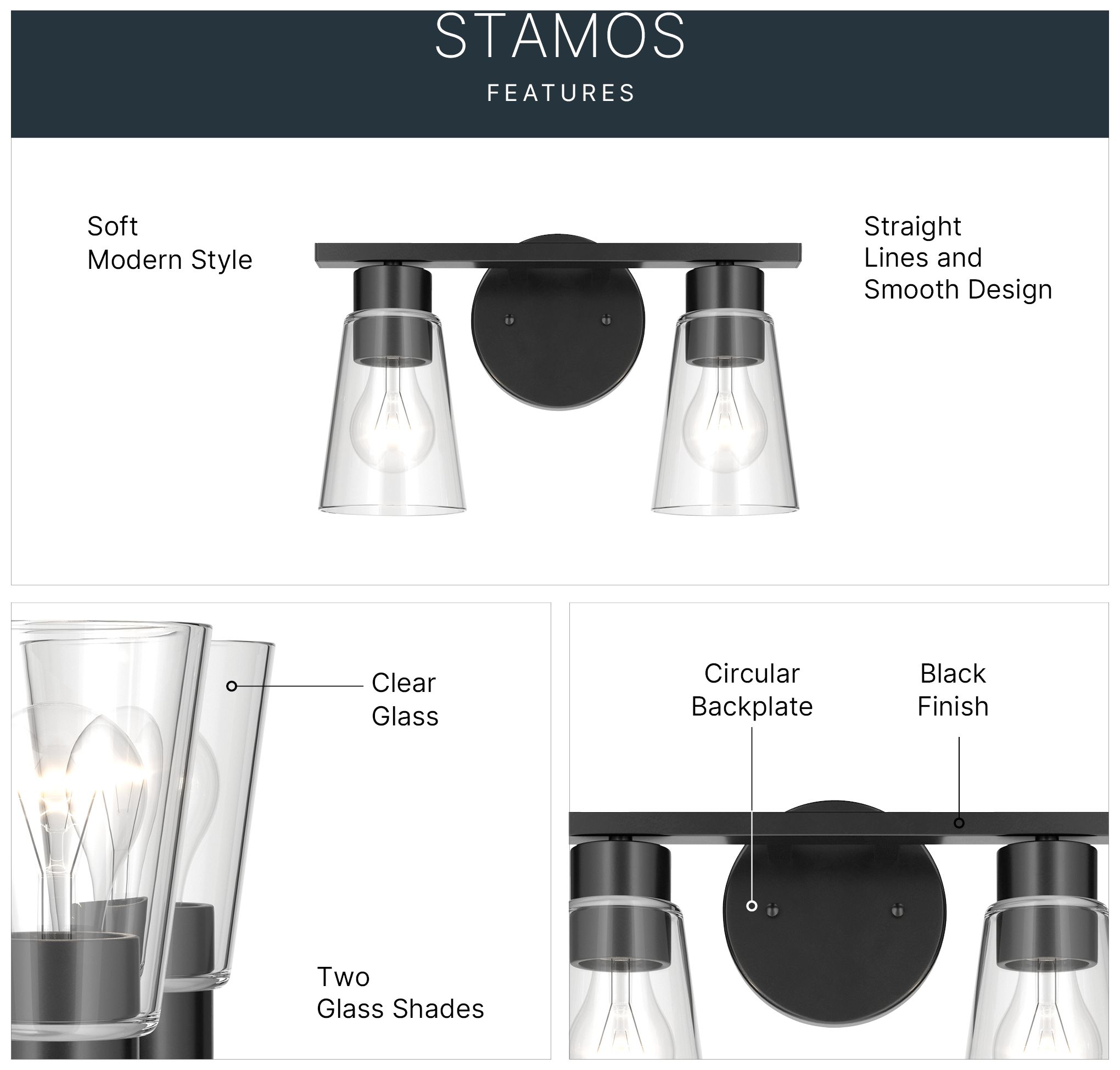 Image 4 Kichler Stamos 13.25" 2-Light Vanity Light with Clear Glass in Black more views