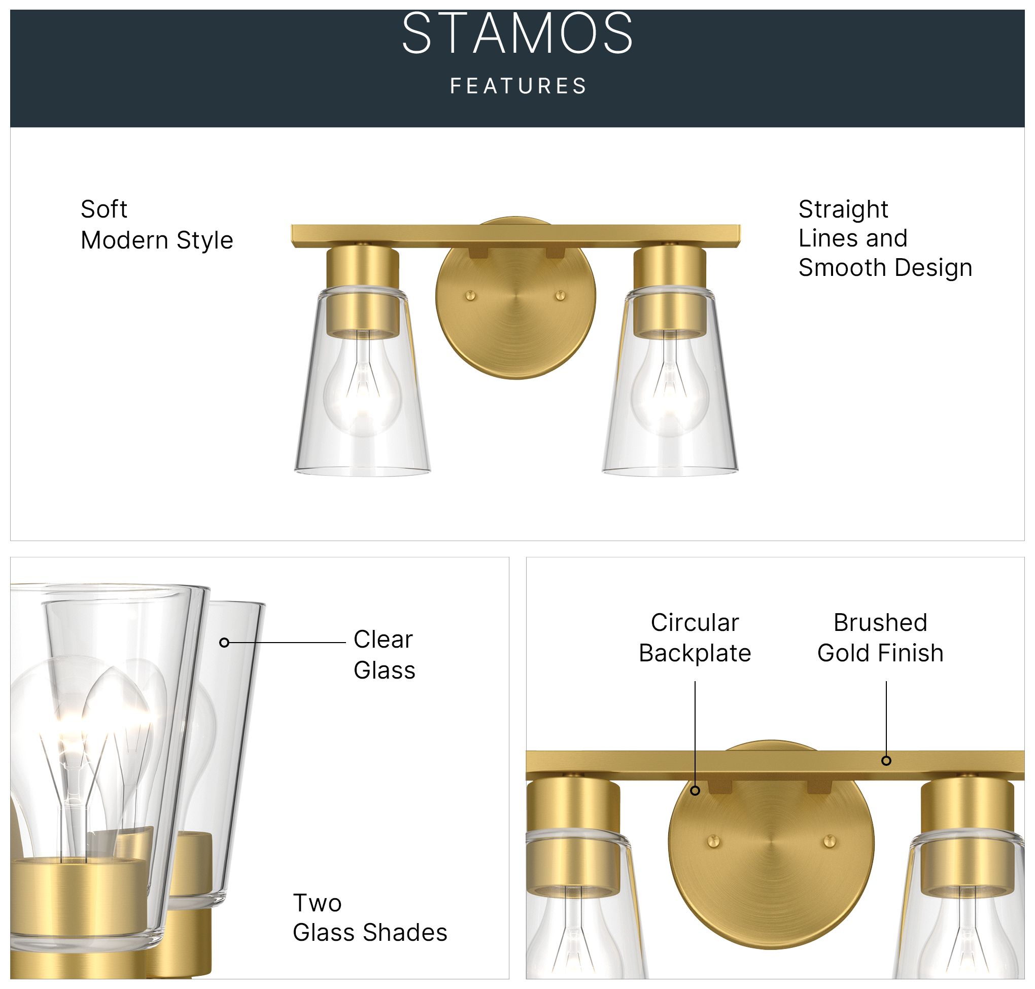 Image 4 Kichler Stamos 13.25" 2-Light Vanity Light with Clear Glass in Brushed Gold more views