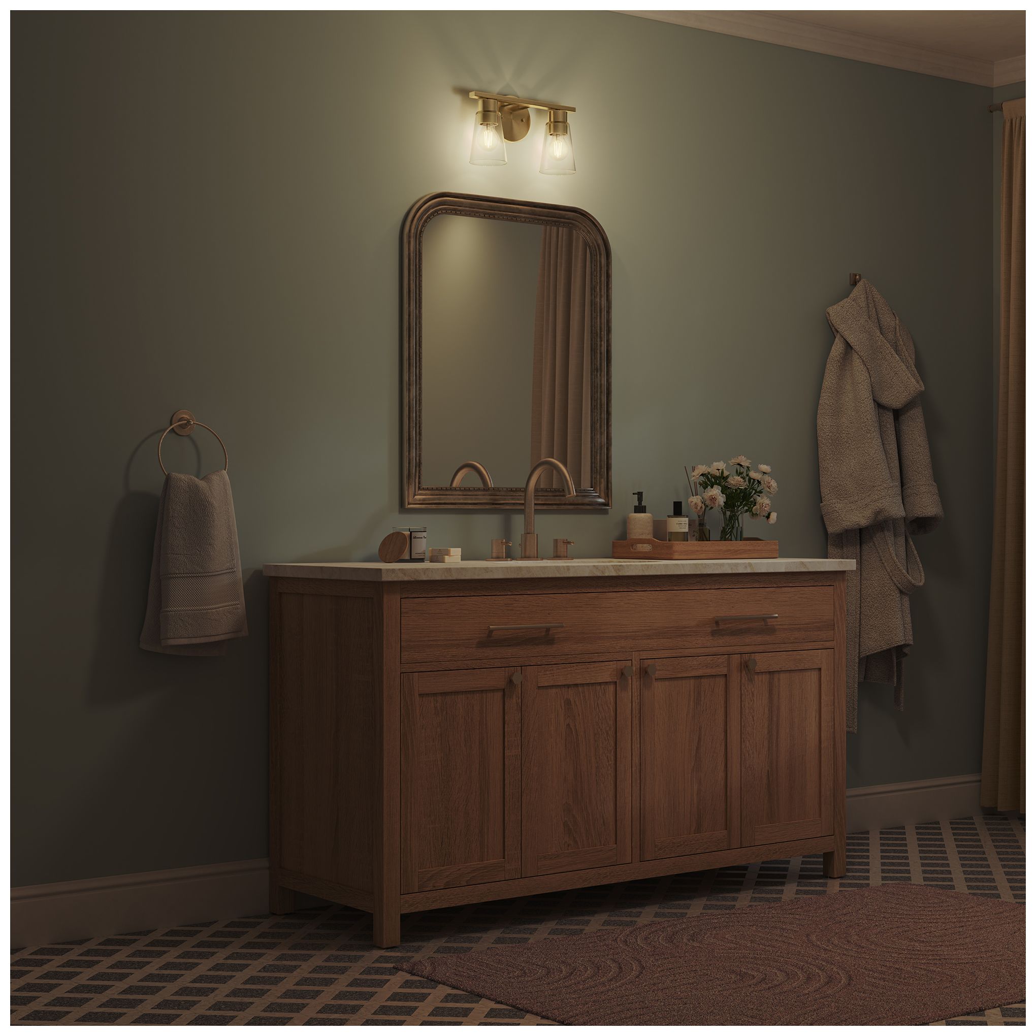 Kichler Stamos 13.25" 2-Light Vanity Light with Clear Glass in Brushed Gold