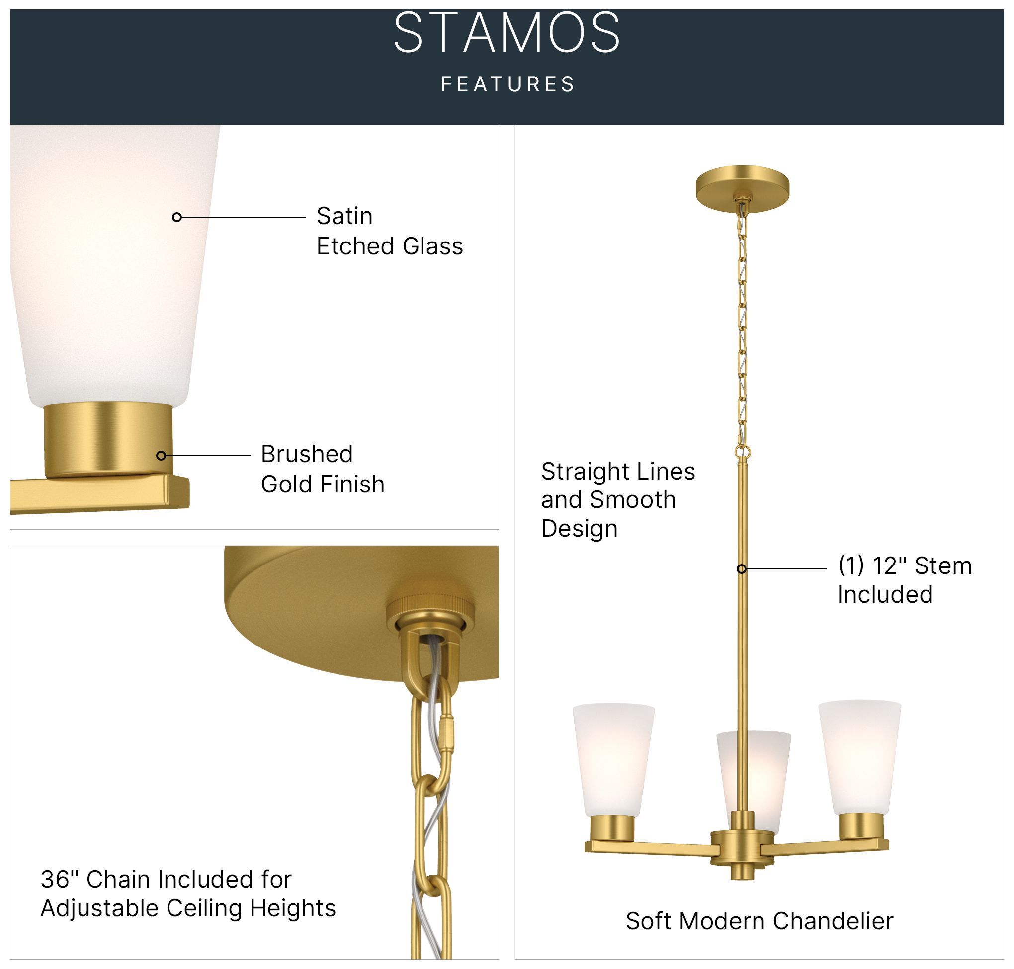 Image 5 Kichler Stamos 18" 3-Light Brushed Gold Chandelier with Satin Etched Glass more views