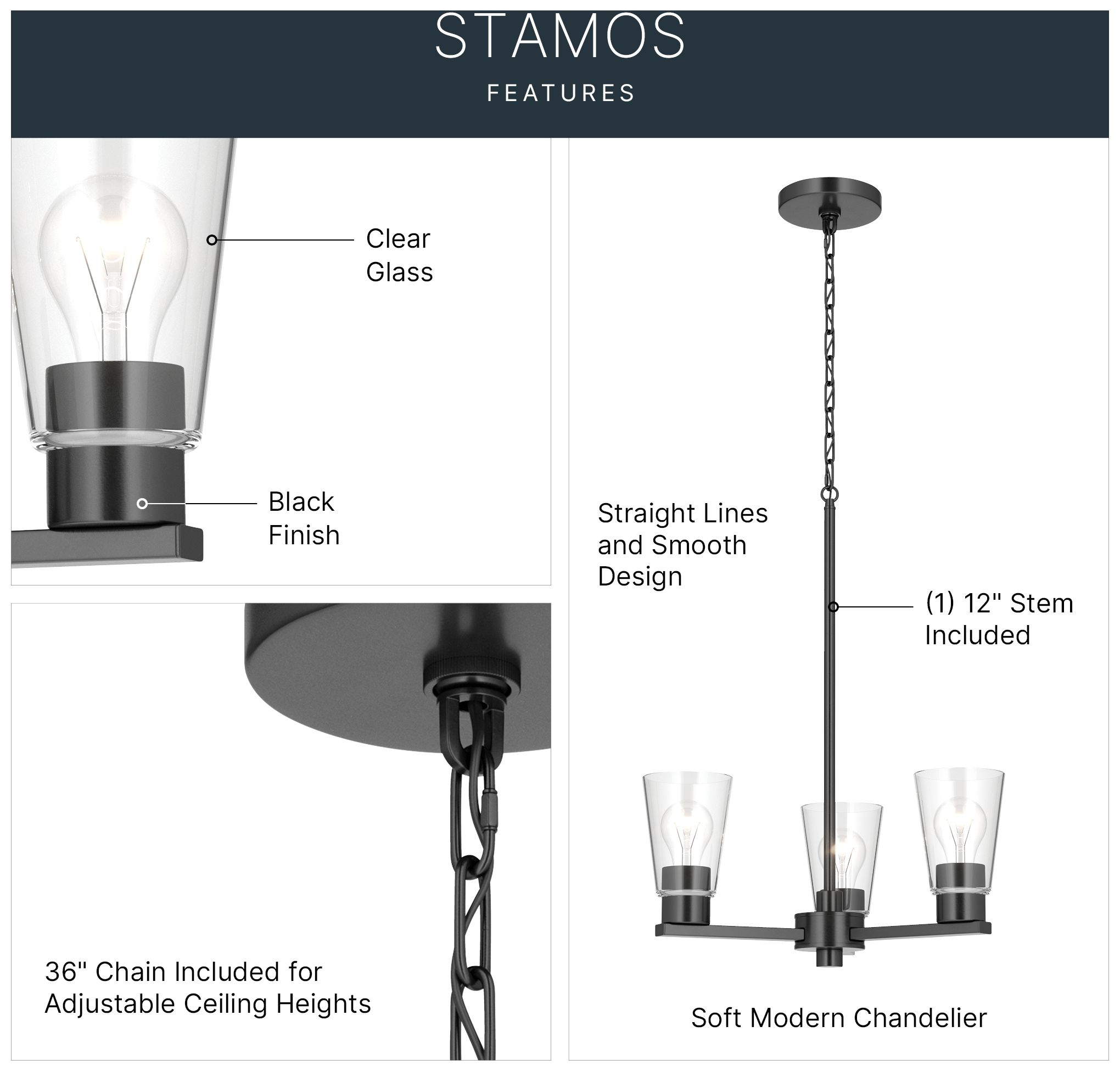 Image 5 Kichler Stamos 18" 3-Light Chandelier with Clear Glass in Black more views