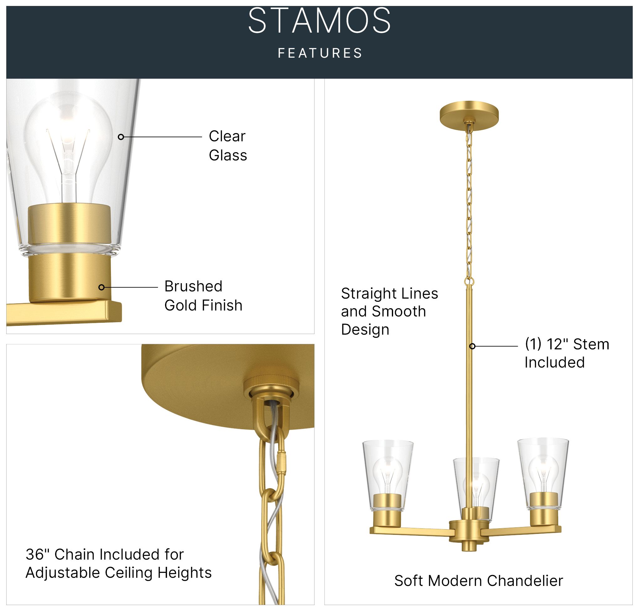 Image 5 Kichler Stamos 18" 3-Light Chandelier with Clear Glass in Brushed Gold more views