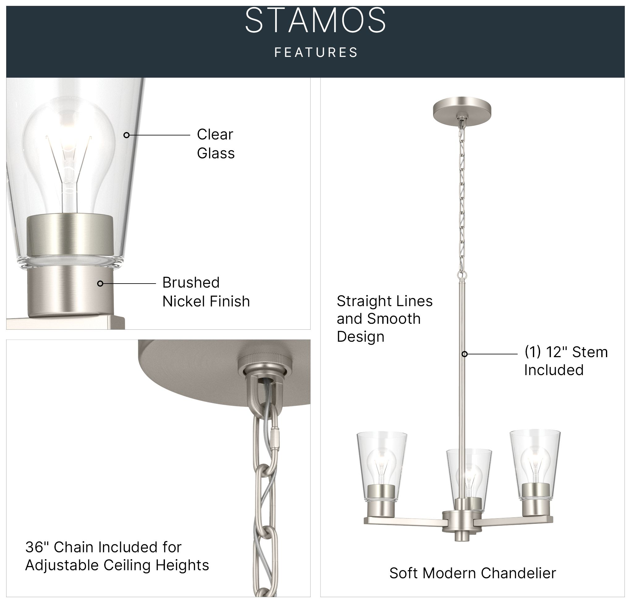 Image 5 Kichler Stamos 18" 3-Light Chandelier with Clear Glass in Brushed Nickel more views