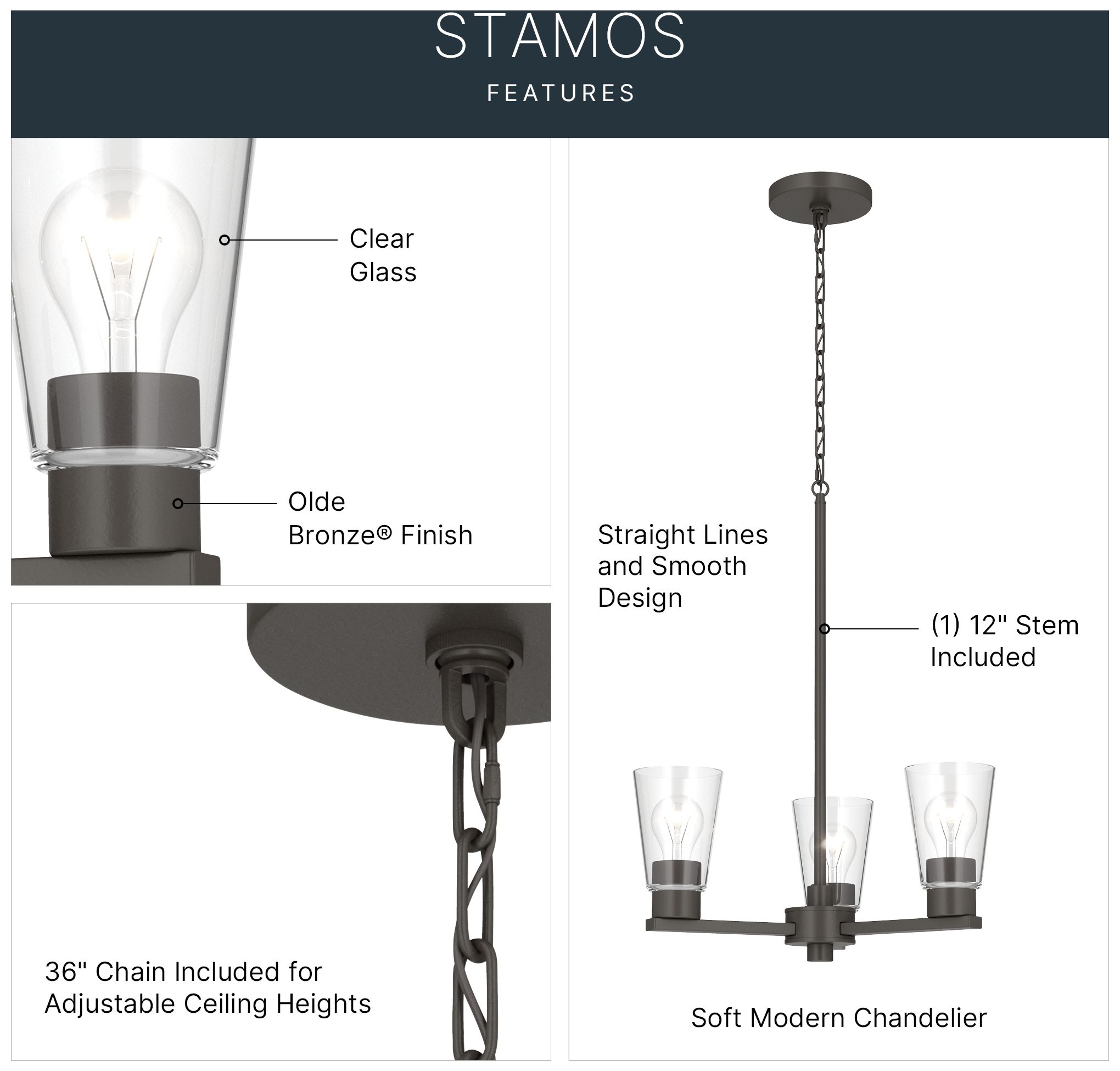Image 5 Kichler Stamos 18" 3-Light Chandelier with Clear Glass in Olde Bronze more views