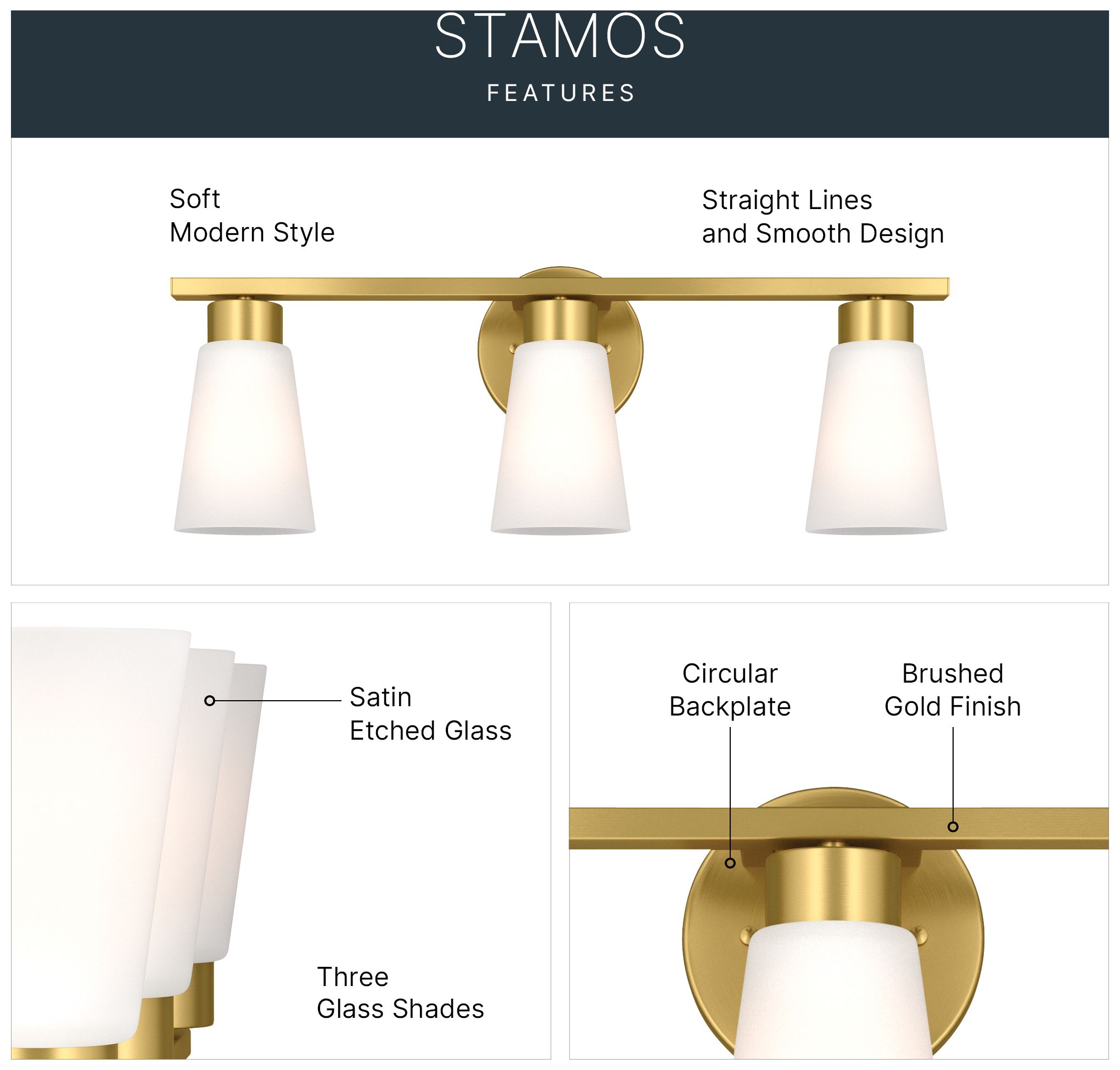 Image 4 Kichler Stamos 22.25" 3-Light Brushed Gold Vanity Light Satin Etched Glass more views